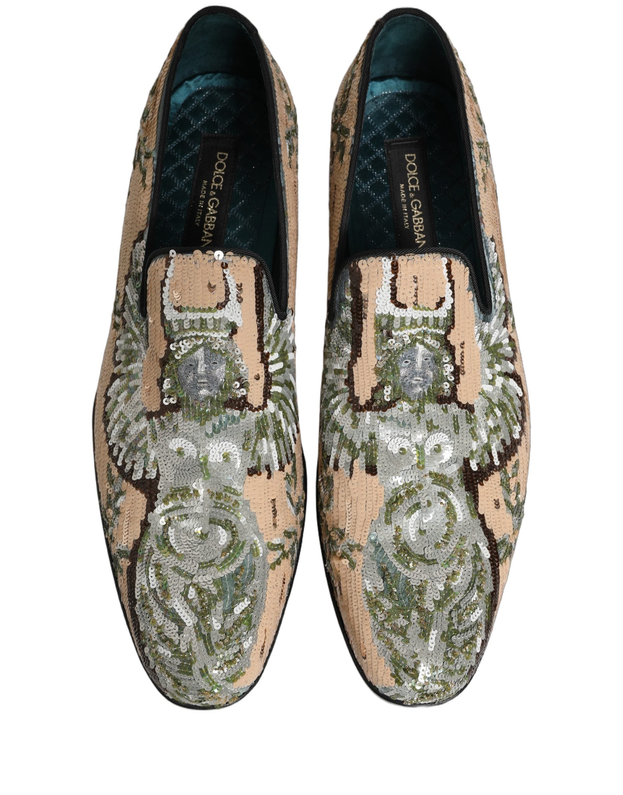Dolce & Gabbana Beige Sequin Embroidery Dress Loafers Shoes