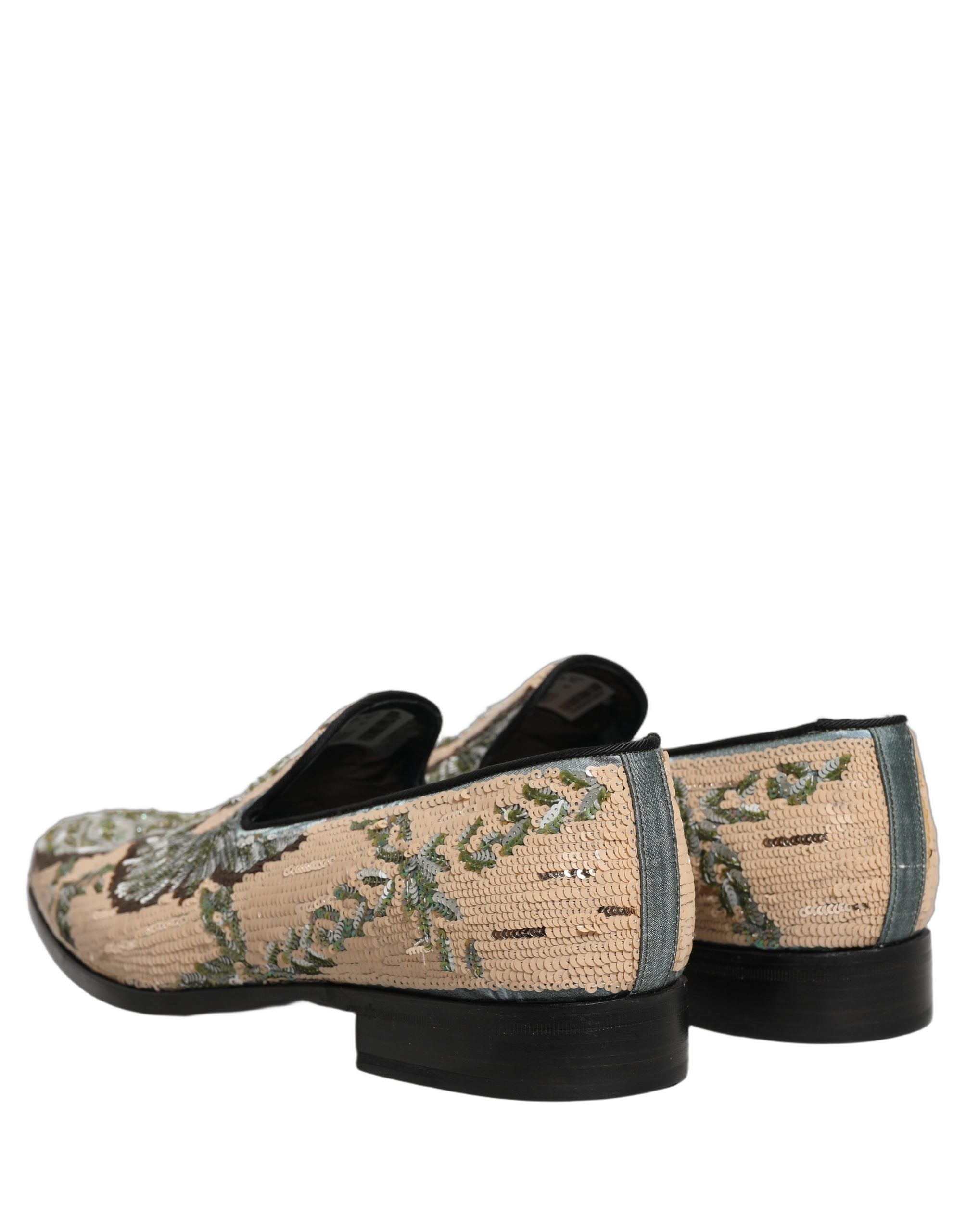 Dolce & Gabbana Beige Sequin Embroidery Dress Loafers Shoes