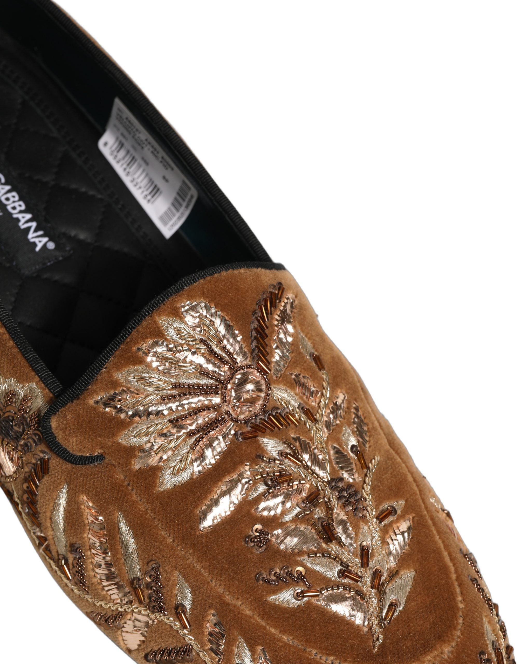 Dolce & Gabbana Brown Velvet Floral Embroidery Loafers Shoes