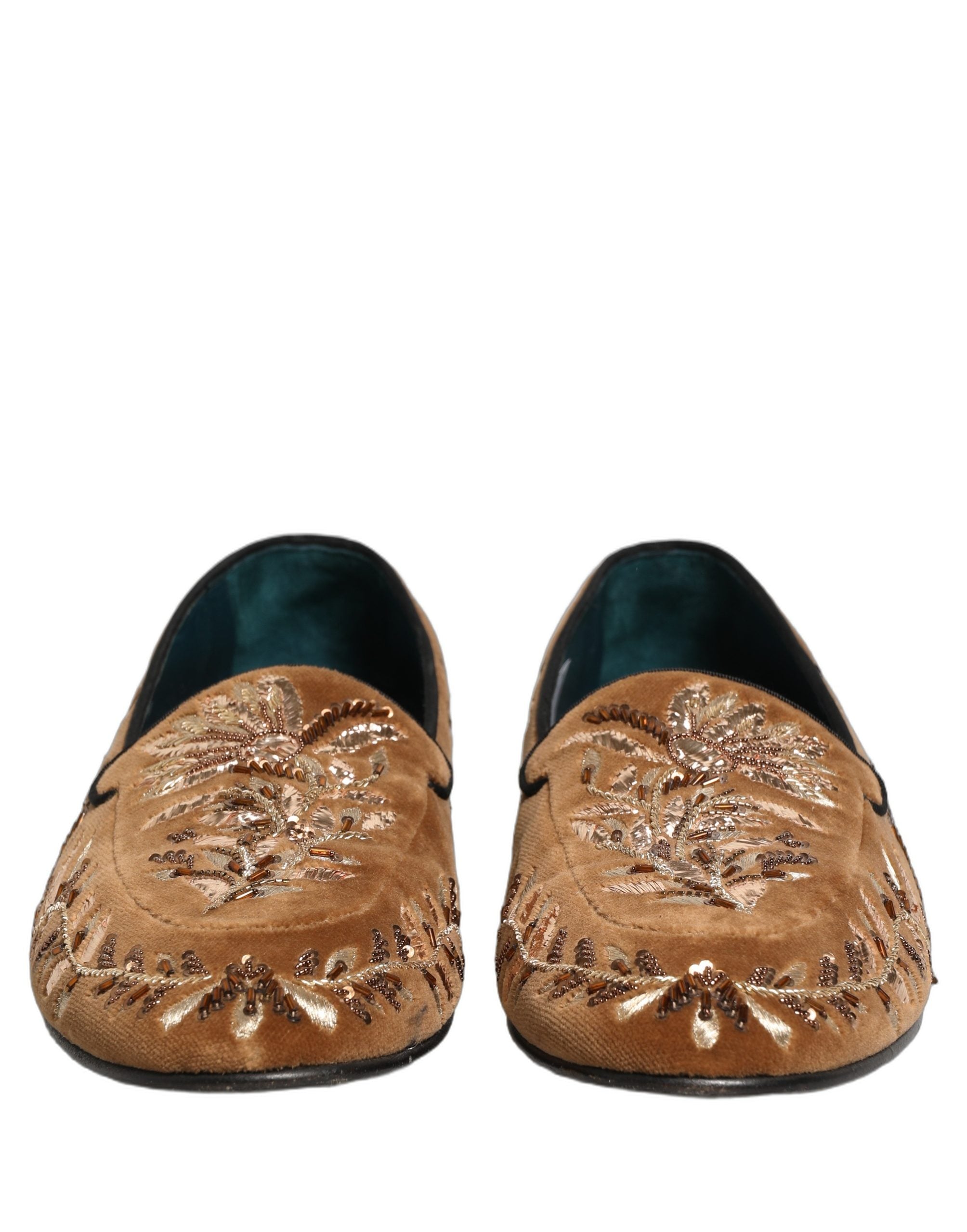 Dolce & Gabbana Brown Velvet Floral Embroidery Loafers Shoes