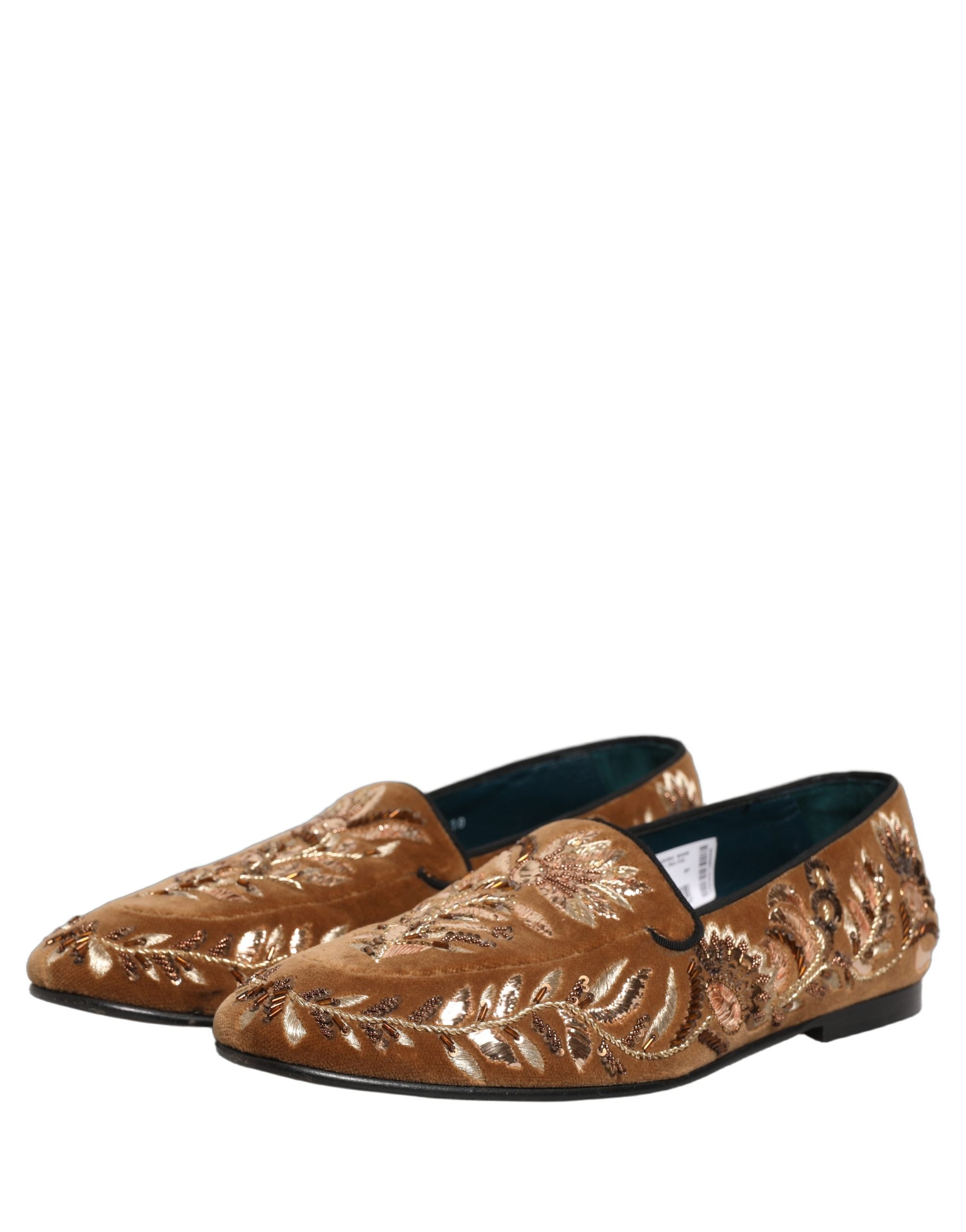 Dolce & Gabbana Brown Velvet Floral Embroidery Loafers Shoes