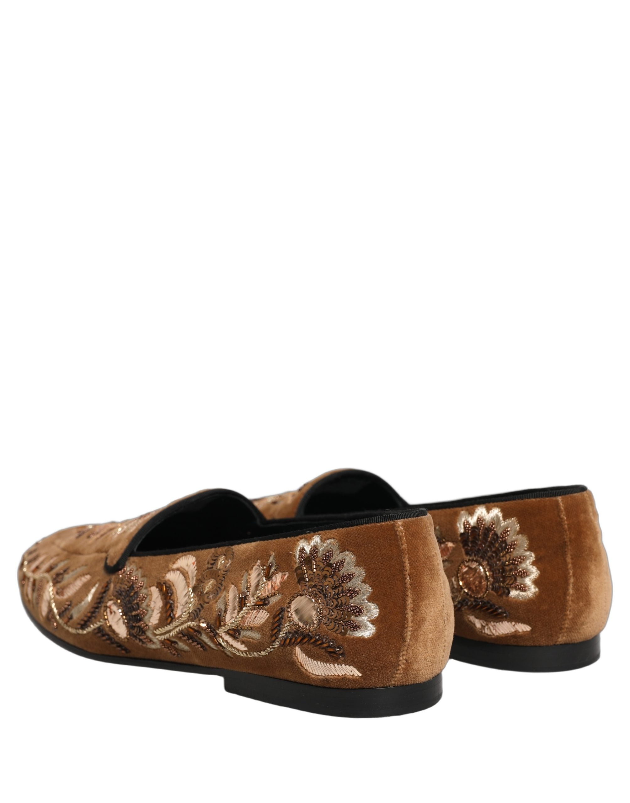 Dolce & Gabbana Brown Velvet Floral Embroidery Loafers Shoes