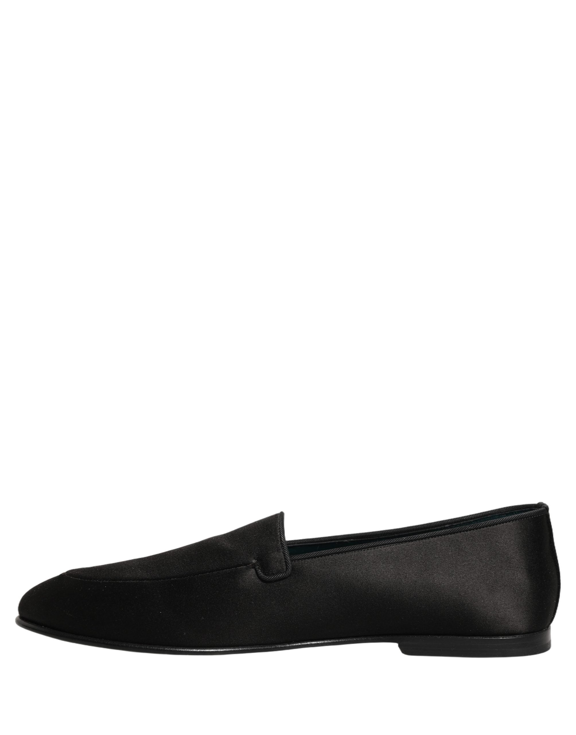 Dolce & Gabbana Black Satin Logo Slip On Flats Loafers Shoes