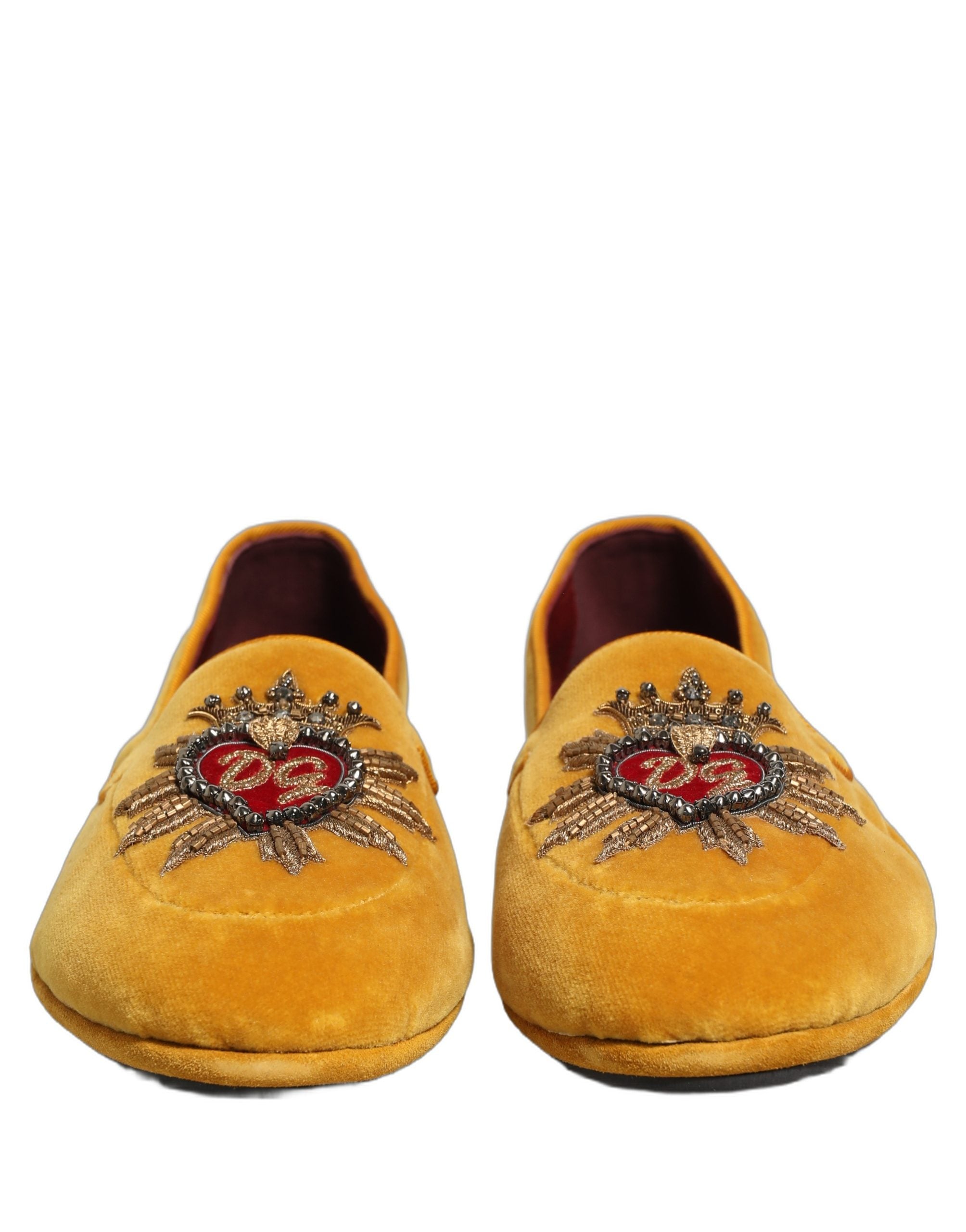 Dolce & Gabbana Yellow Velvet DG Heart Loafers Flats Shoes