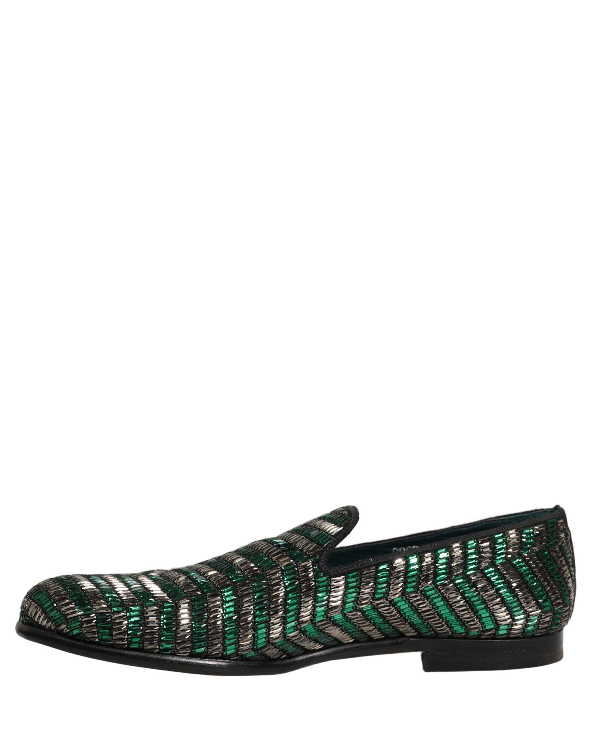 Dolce & Gabbana Silver Green Embellished Dress Loafers Shoes