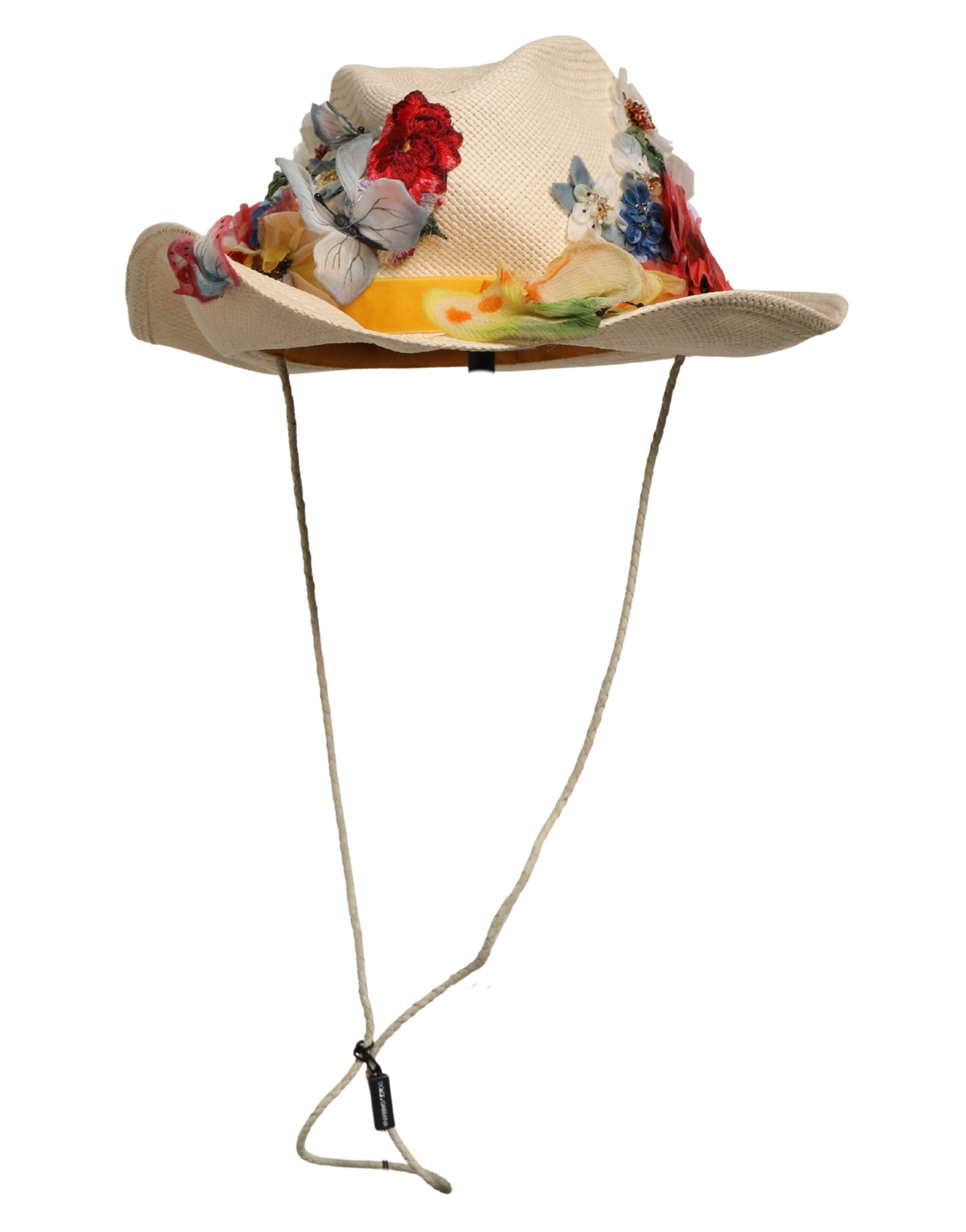 Dolce & Gabbana Women Beige Floral Apllique Straw Bucket Hat