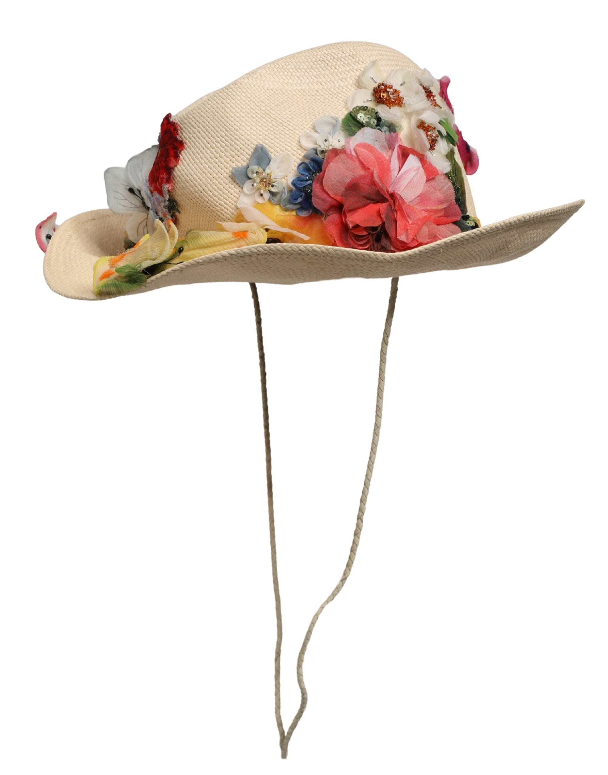 Dolce & Gabbana Women Beige Floral Apllique Straw Bucket Hat
