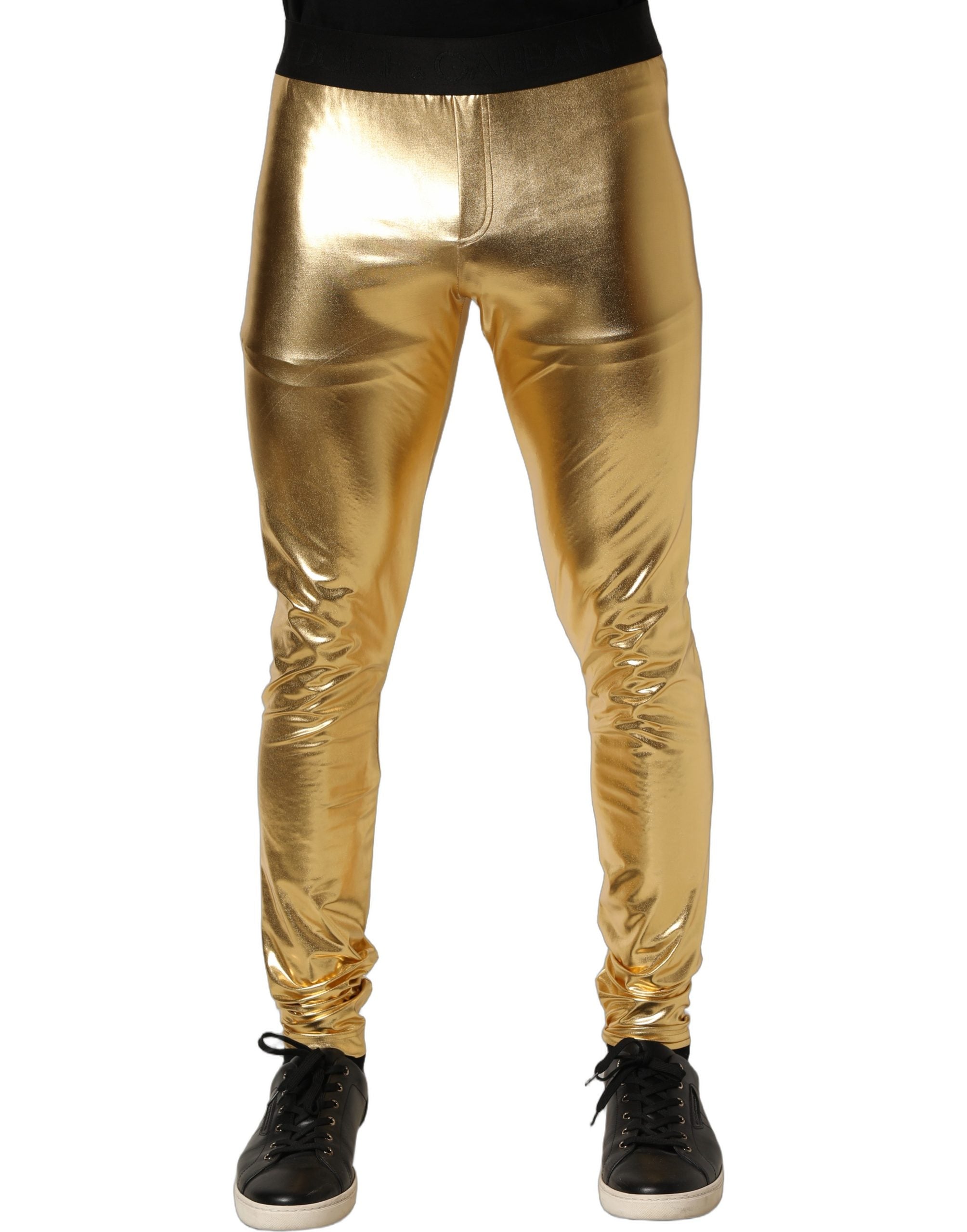 Dolce & Gabbana Gold Metallic Polyester Skinny Trousers Pants
