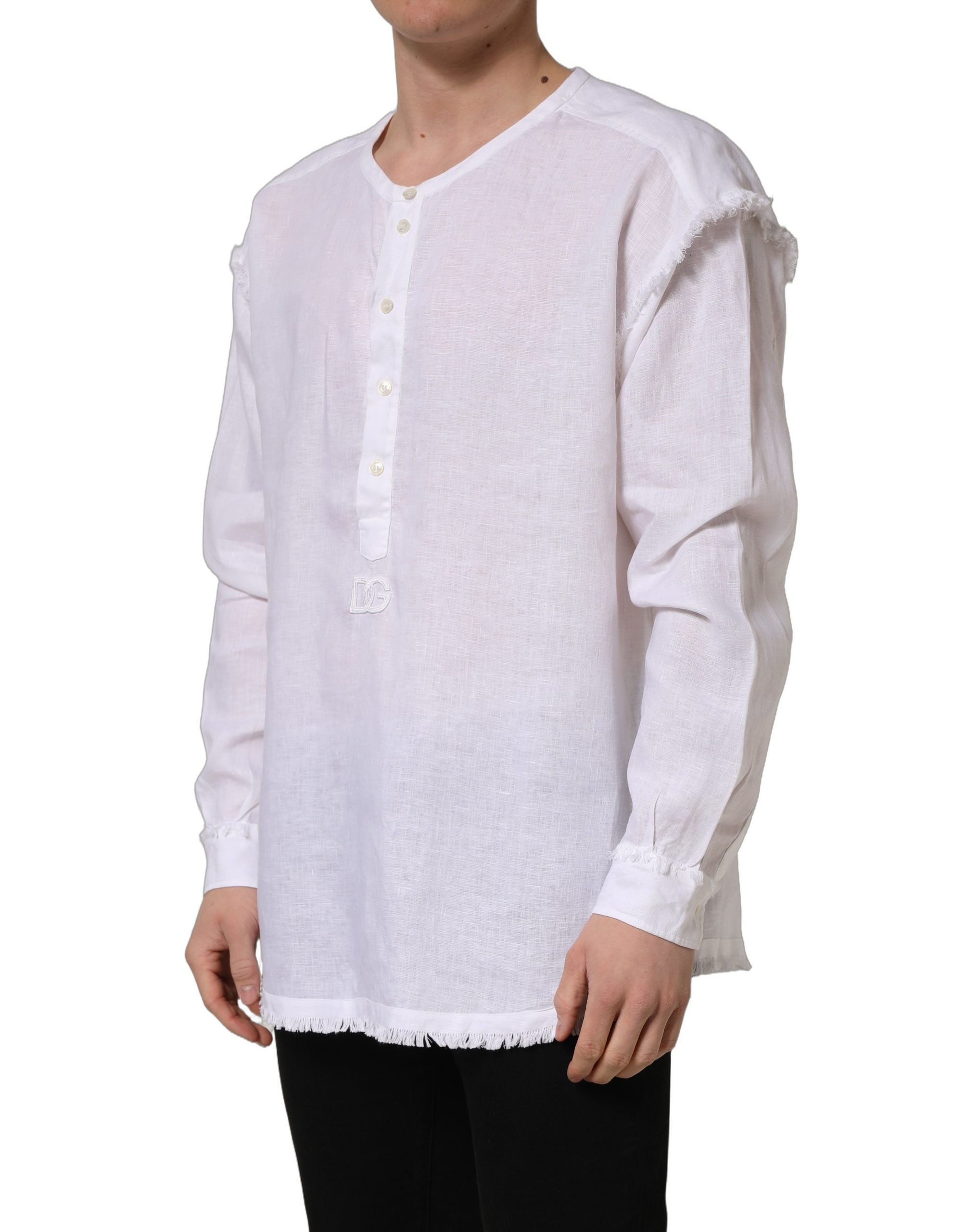 Dolce & Gabbana White Linen Logo Long Sleeves Casual Shirt