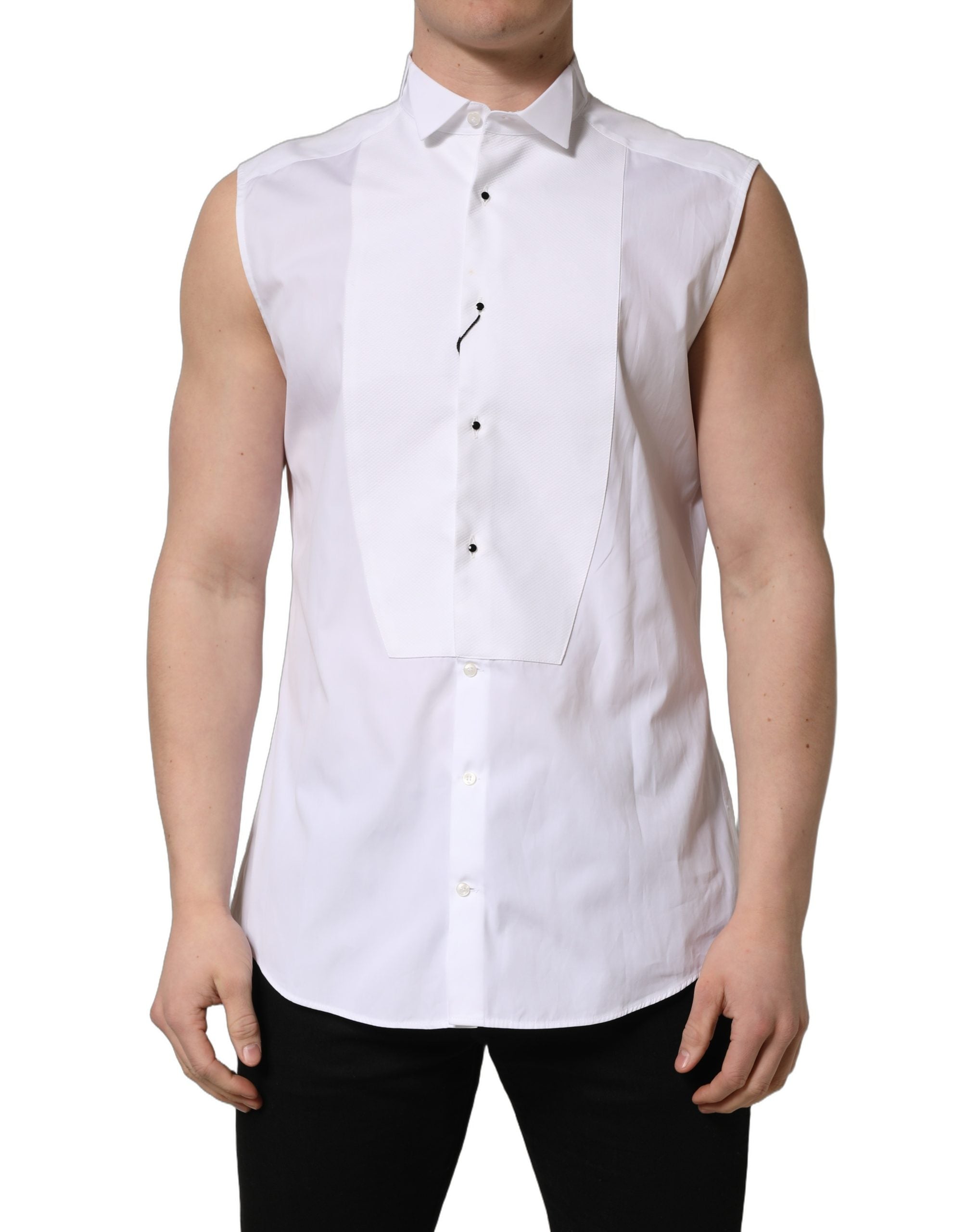 Dolce & Gabbana White Cotton MARTINI Sleeveless Men Dress Shirt