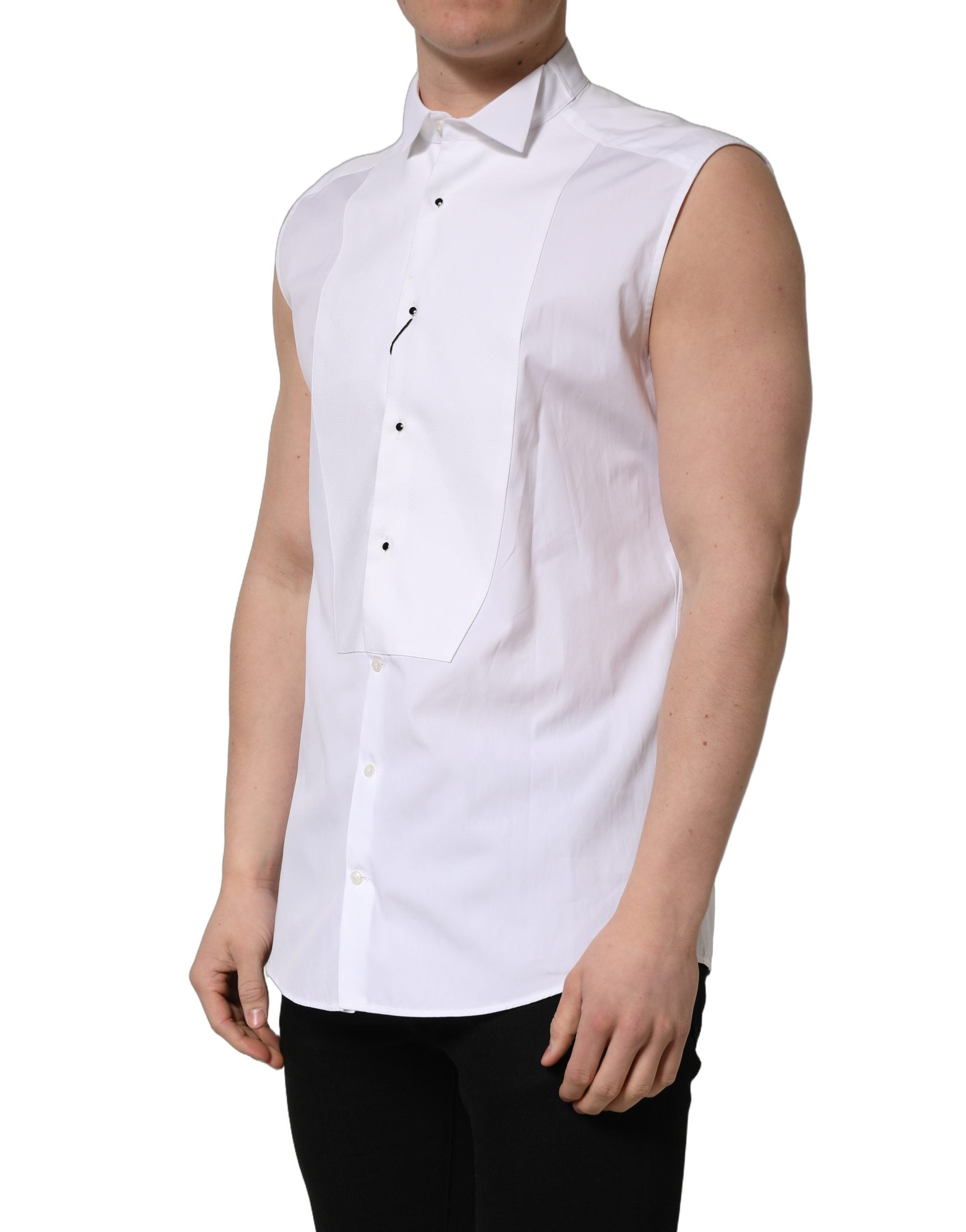 Dolce & Gabbana White Cotton MARTINI Sleeveless Men Dress Shirt