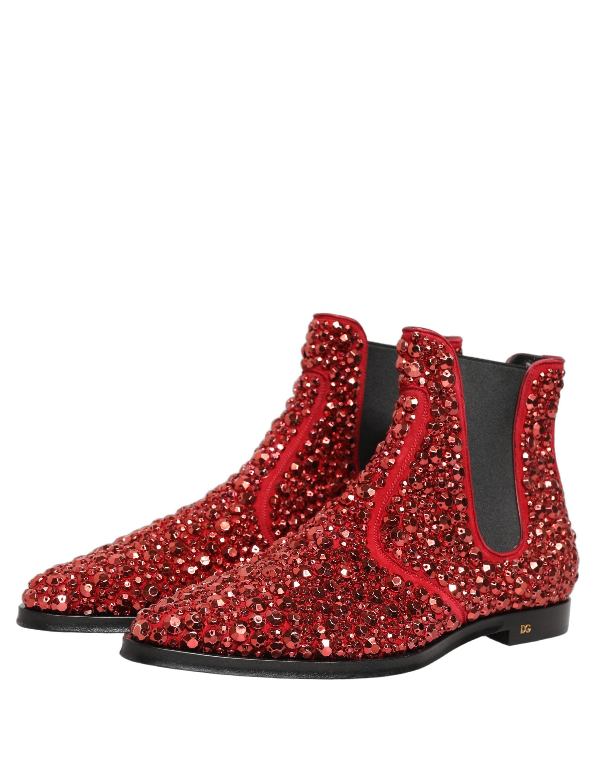 Dolce & Gabbana Red Embellished Chelsea Ankle Boots Shoes