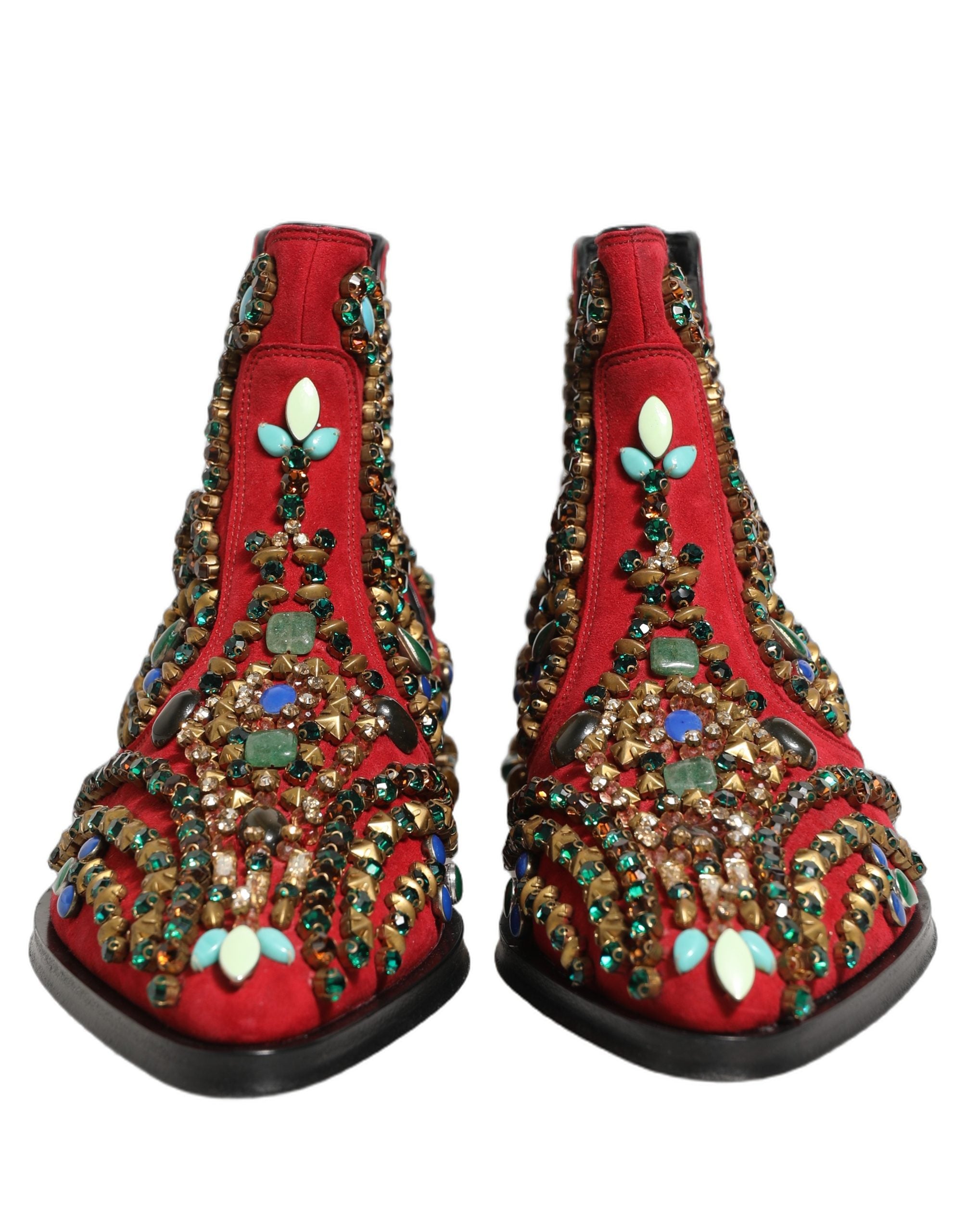 Dolce & Gabbana Red Embellished Chelsea Ankle Boots Shoes