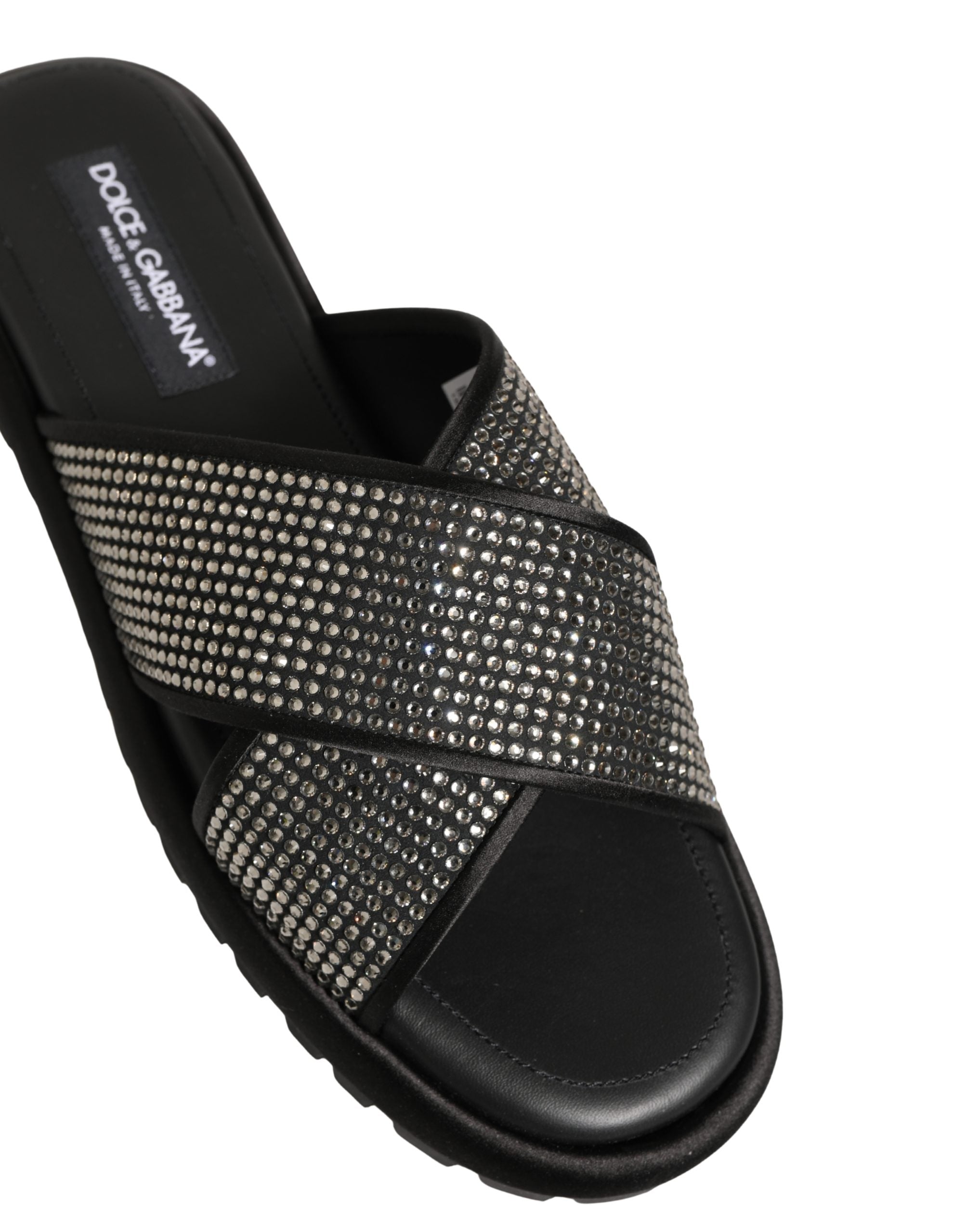 Dolce & Gabbana Black Strass Criss Cross Slide Sandals Shoes