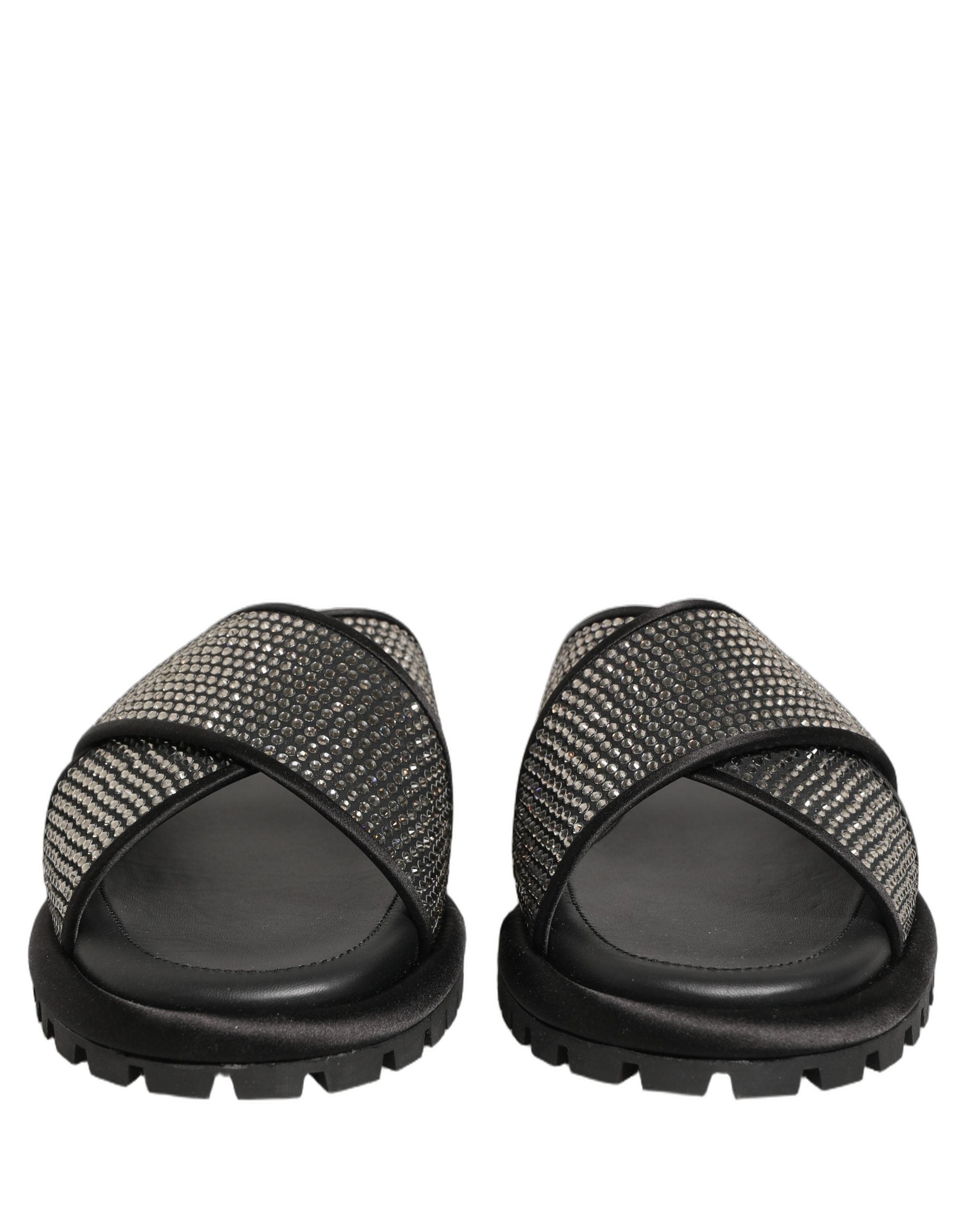 Dolce & Gabbana Black Strass Criss Cross Slide Sandals Shoes