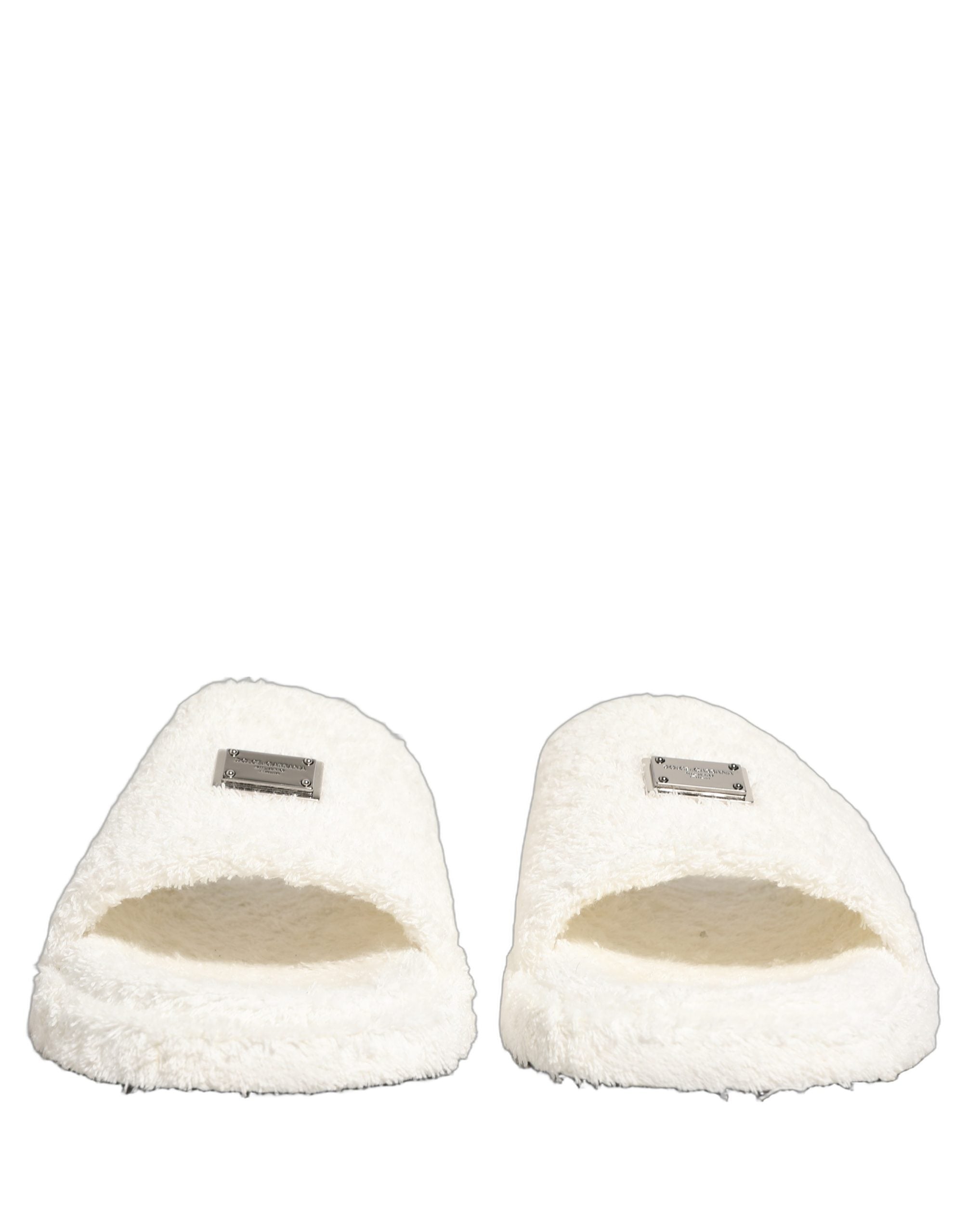 Dolce & Gabbana White Faux Fur Flats Men Slides Sandals Shoes