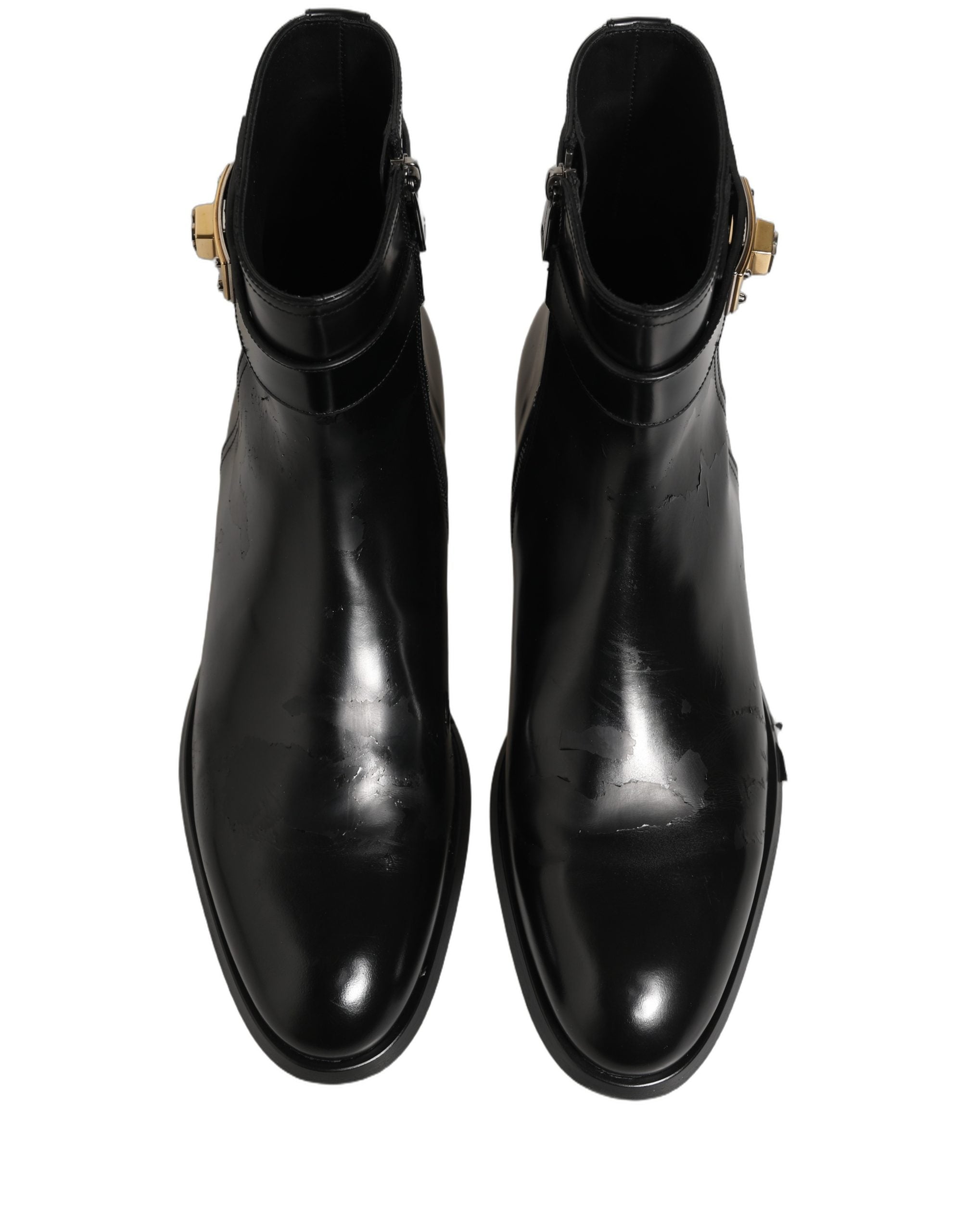 Dolce & Gabbana Black Leather Logo Buckle Mid Calf Boots Shoes