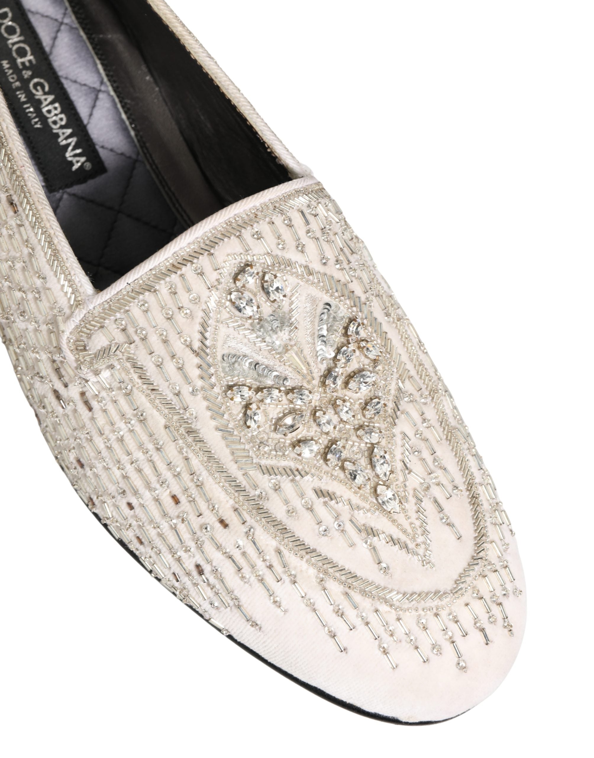 Dolce & Gabbana White Satin Embellished Dress Loafers Shoes