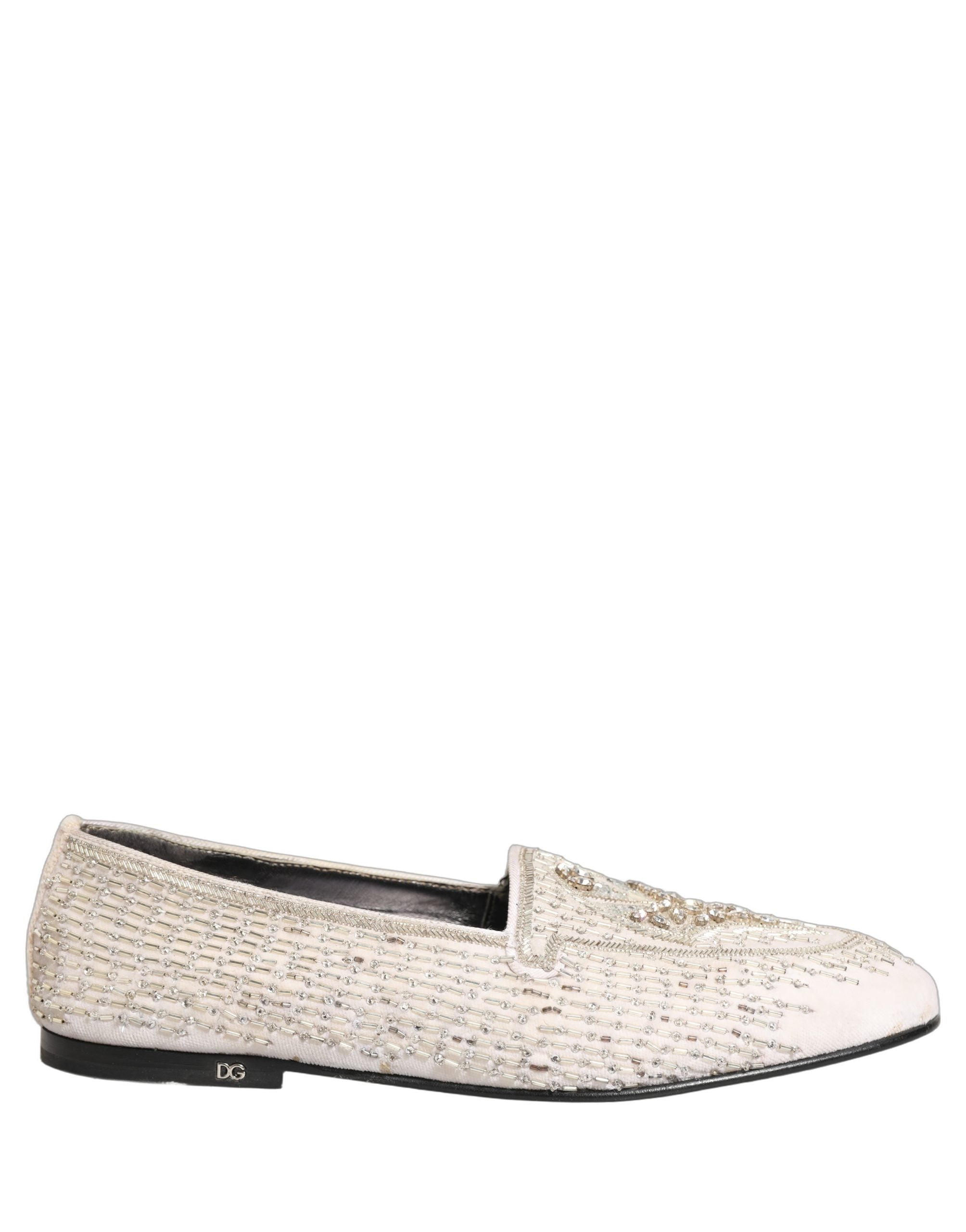 Dolce & Gabbana White Satin Embellished Dress Loafers Shoes