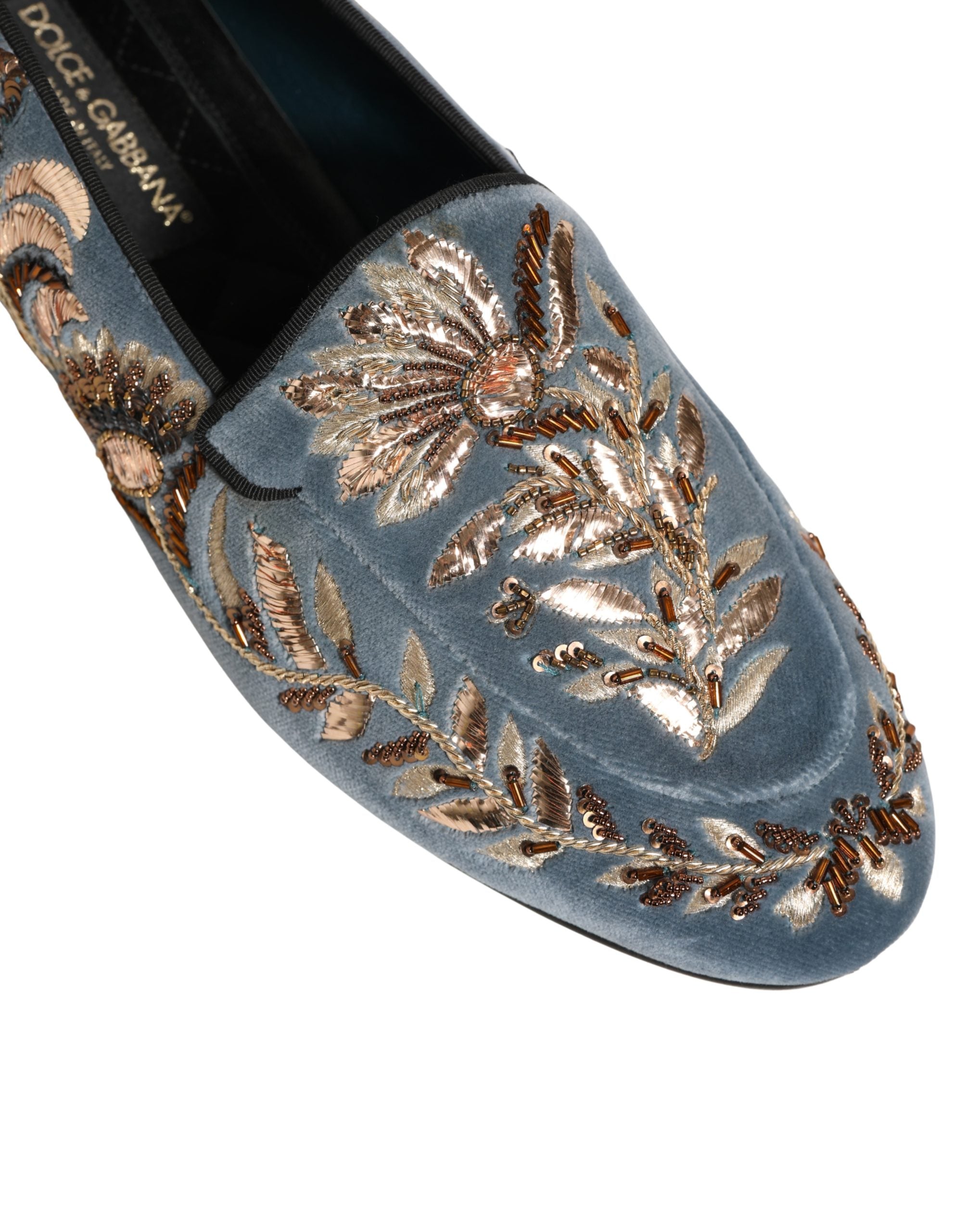 Dolce & Gabbana Blue Velvet Embellished Dress Loafers Shoes
