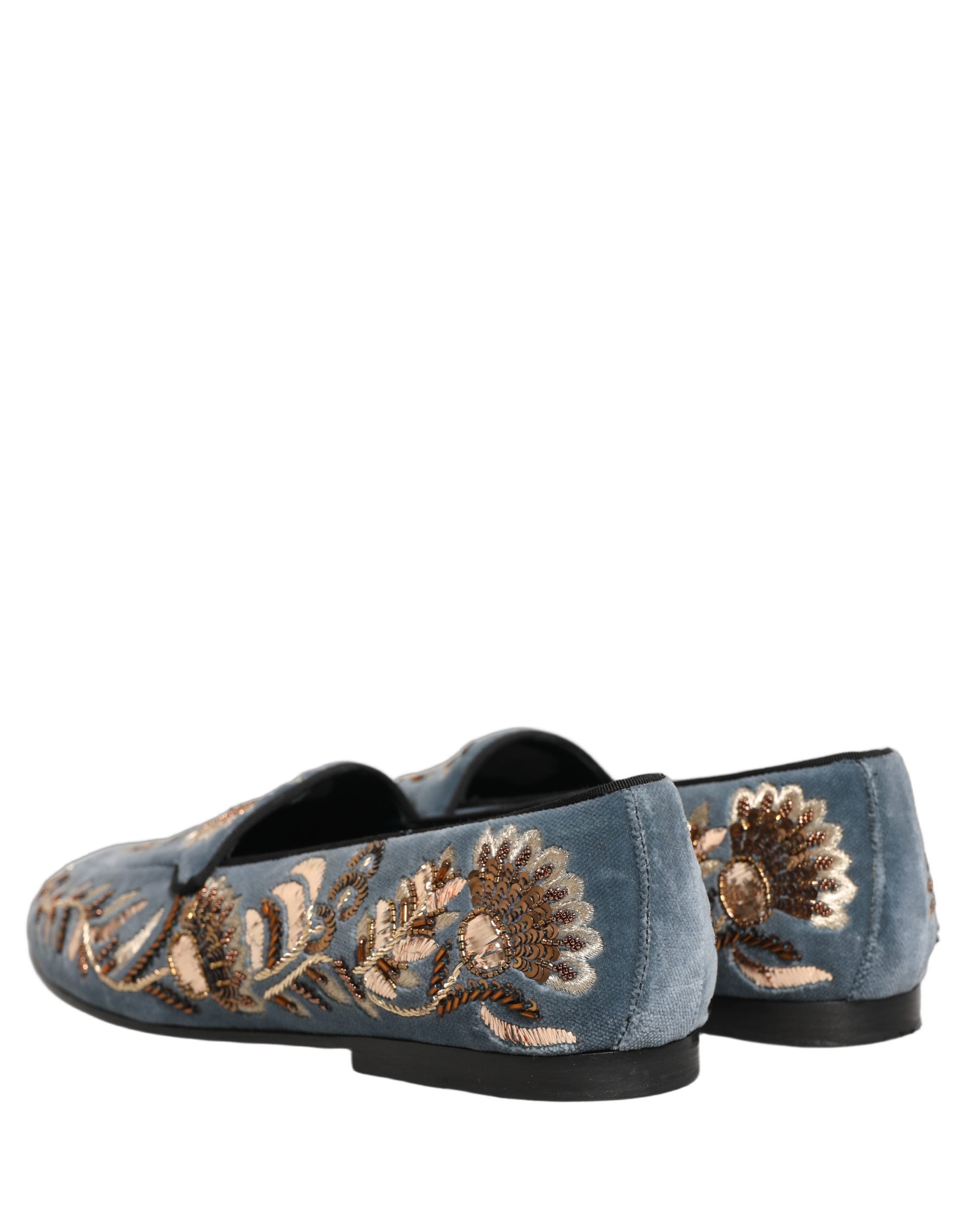 Dolce & Gabbana Blue Velvet Embellished Dress Loafers Shoes