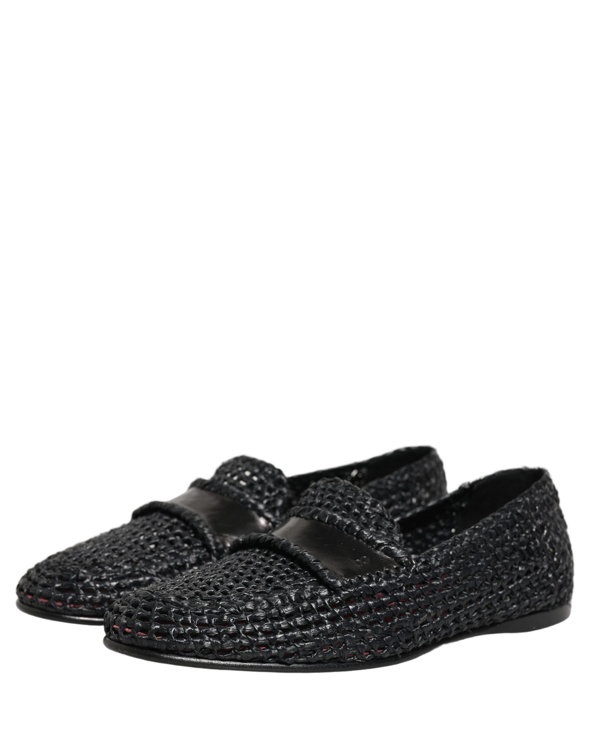 Dolce & Gabbana Black Woven Raffia Slip On Loafers Shoes