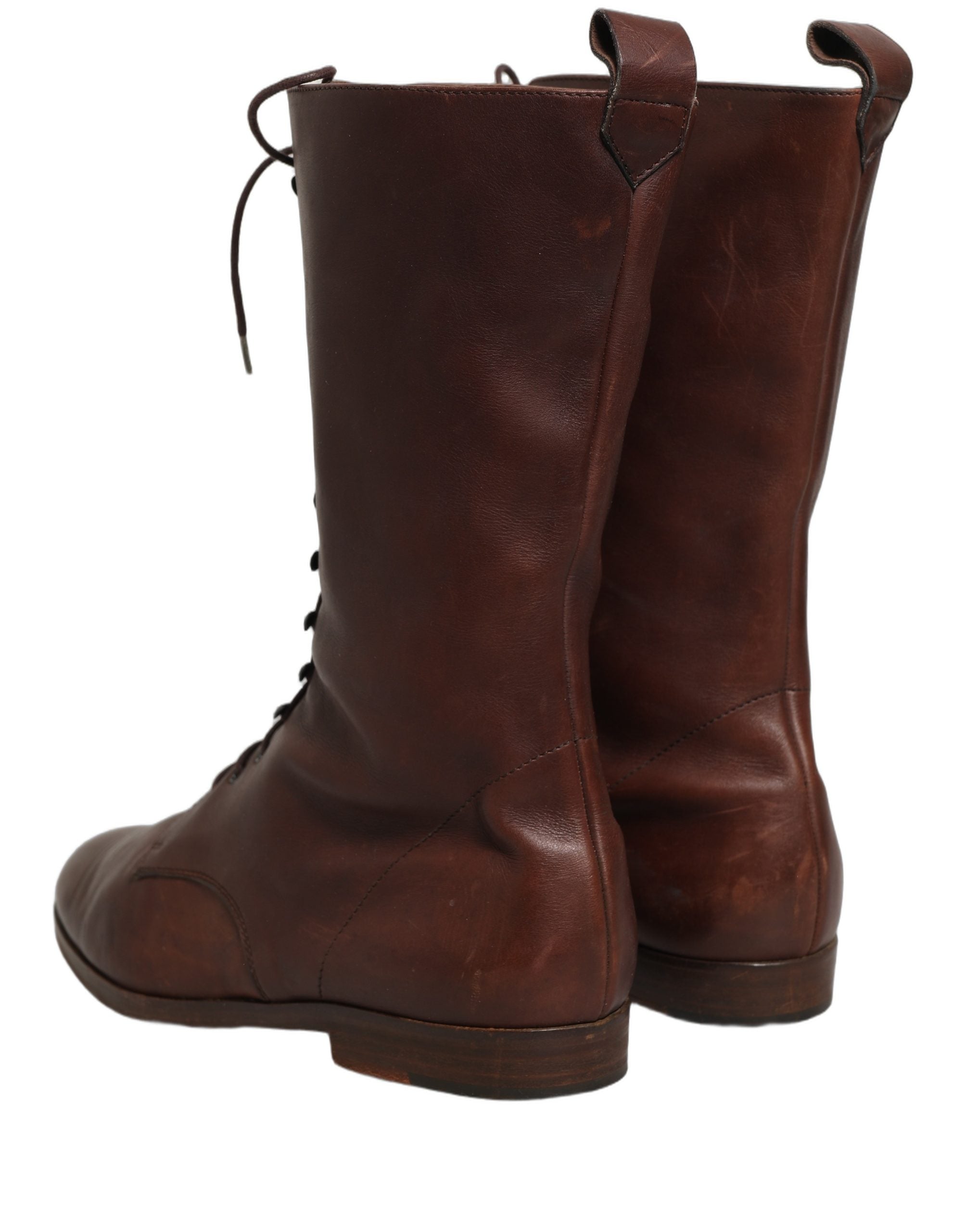 Dolce & Gabbana Brown Leather Lace Up Mid Calf Boots Shoes