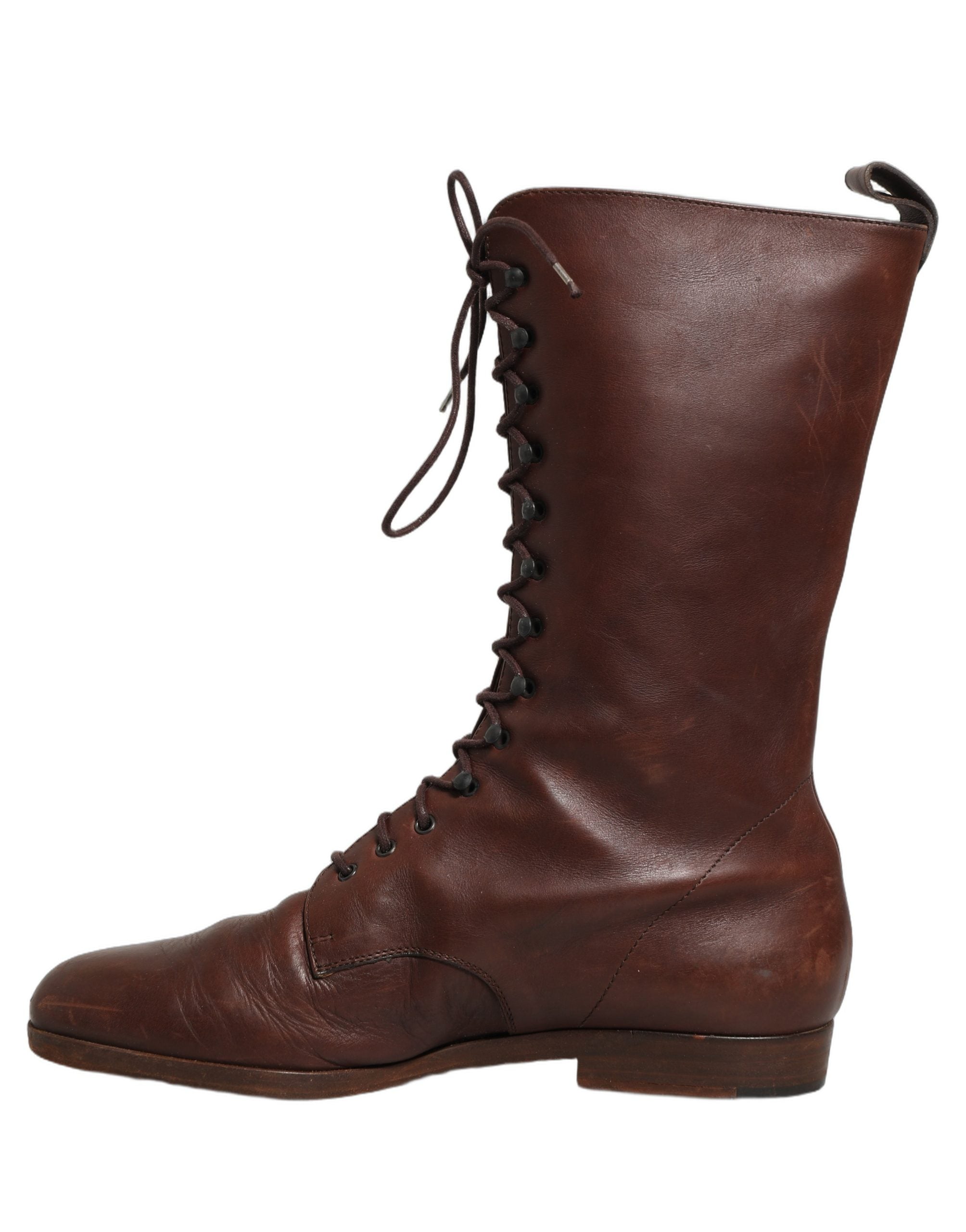 Dolce & Gabbana Brown Leather Lace Up Mid Calf Boots Shoes