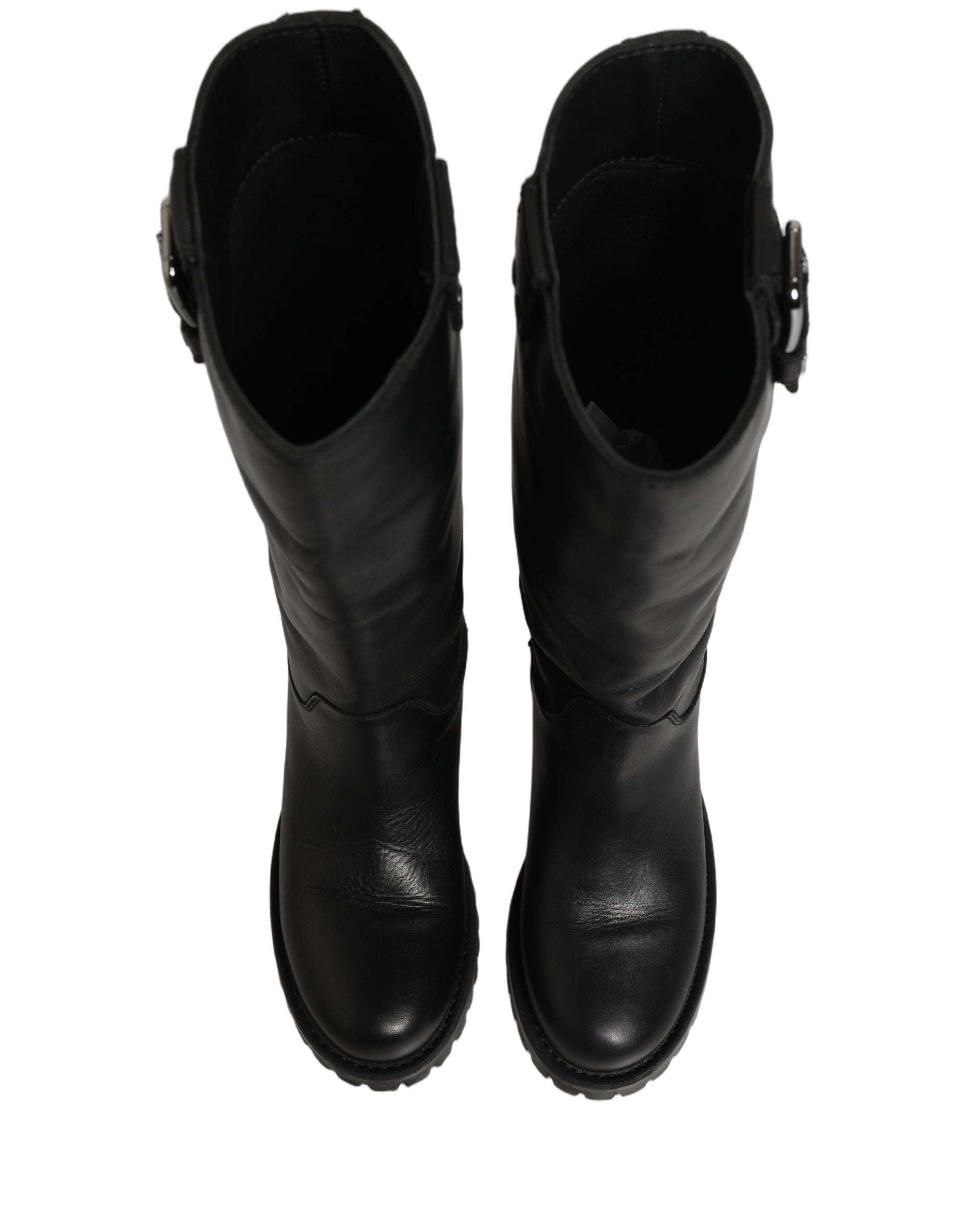 Dolce & Gabbana Black Leather Buckle Detail Mid Calf Boots Shoes
