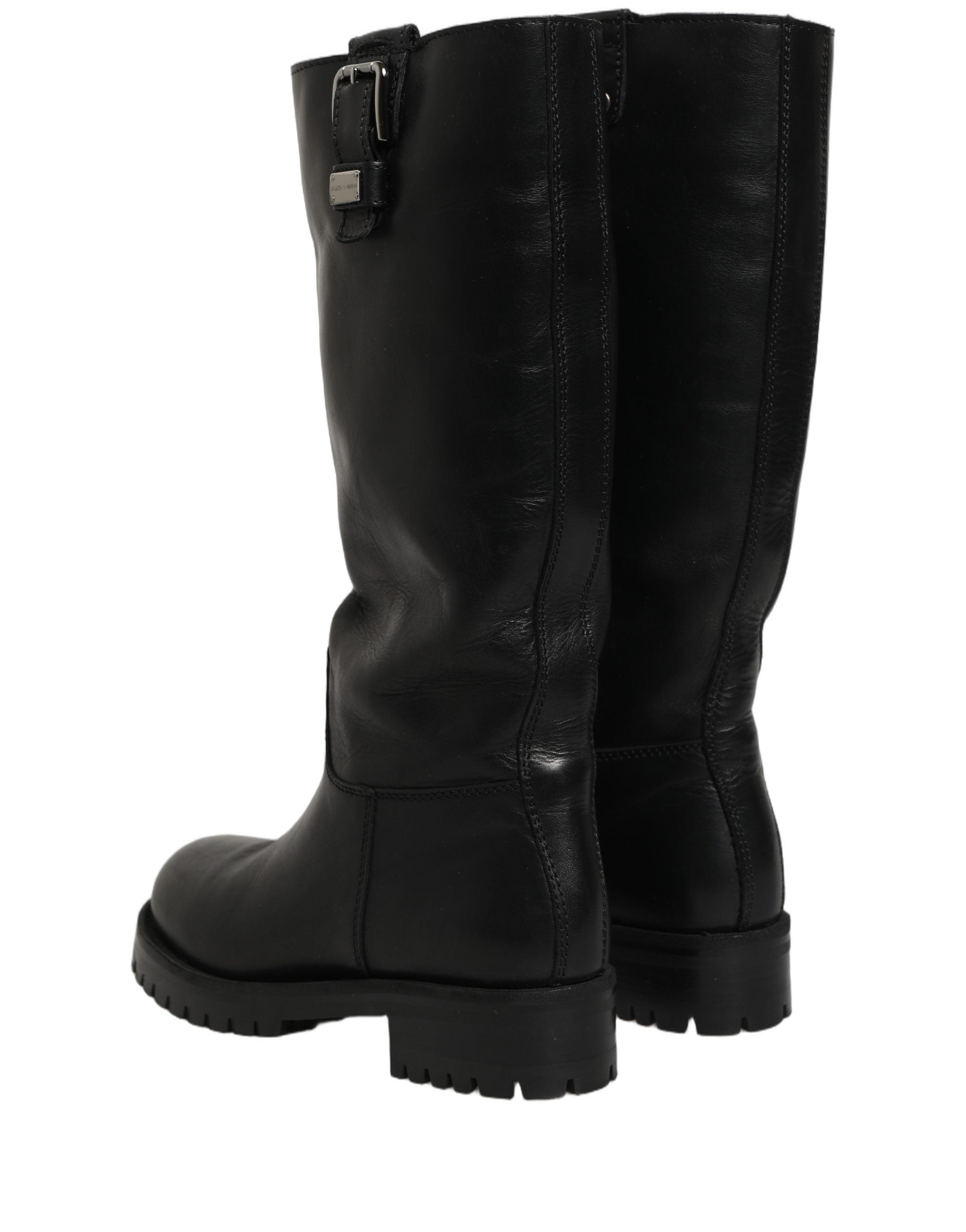 Dolce & Gabbana Black Leather Buckle Detail Mid Calf Boots Shoes