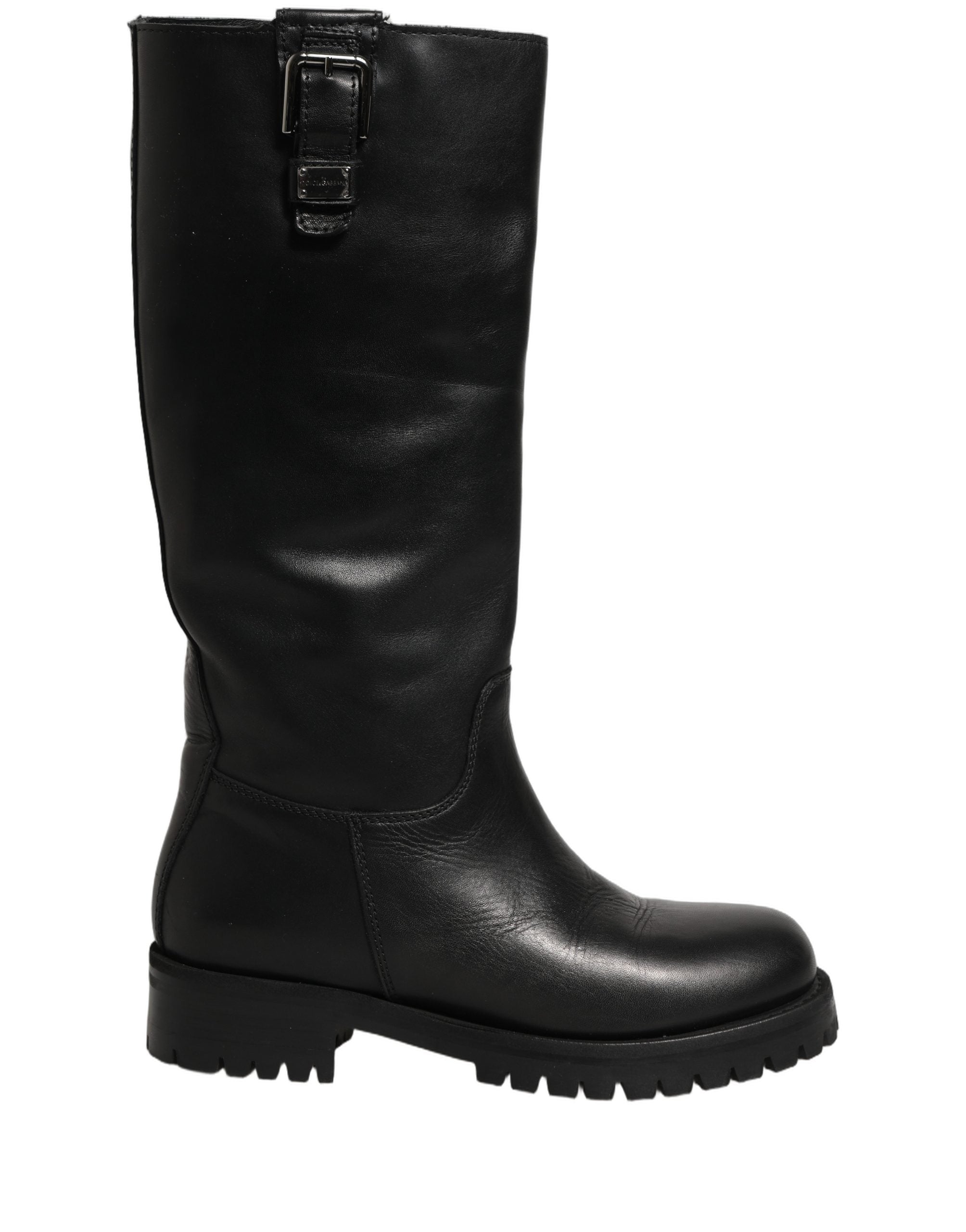 Dolce & Gabbana Black Leather Buckle Detail Mid Calf Boots Shoes