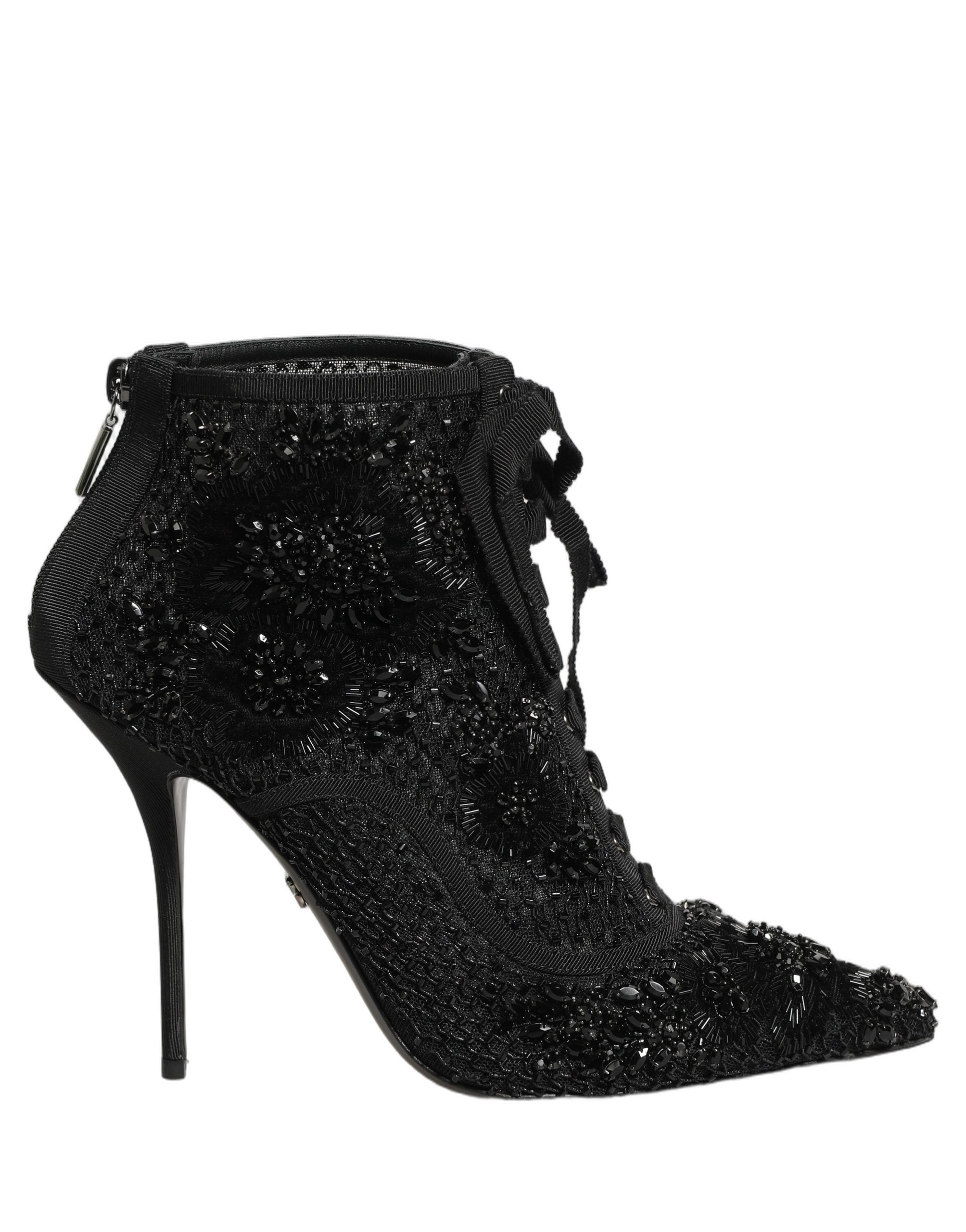 Dolce & Gabbana Black Embellished Mesh Ankle Boots Shoes