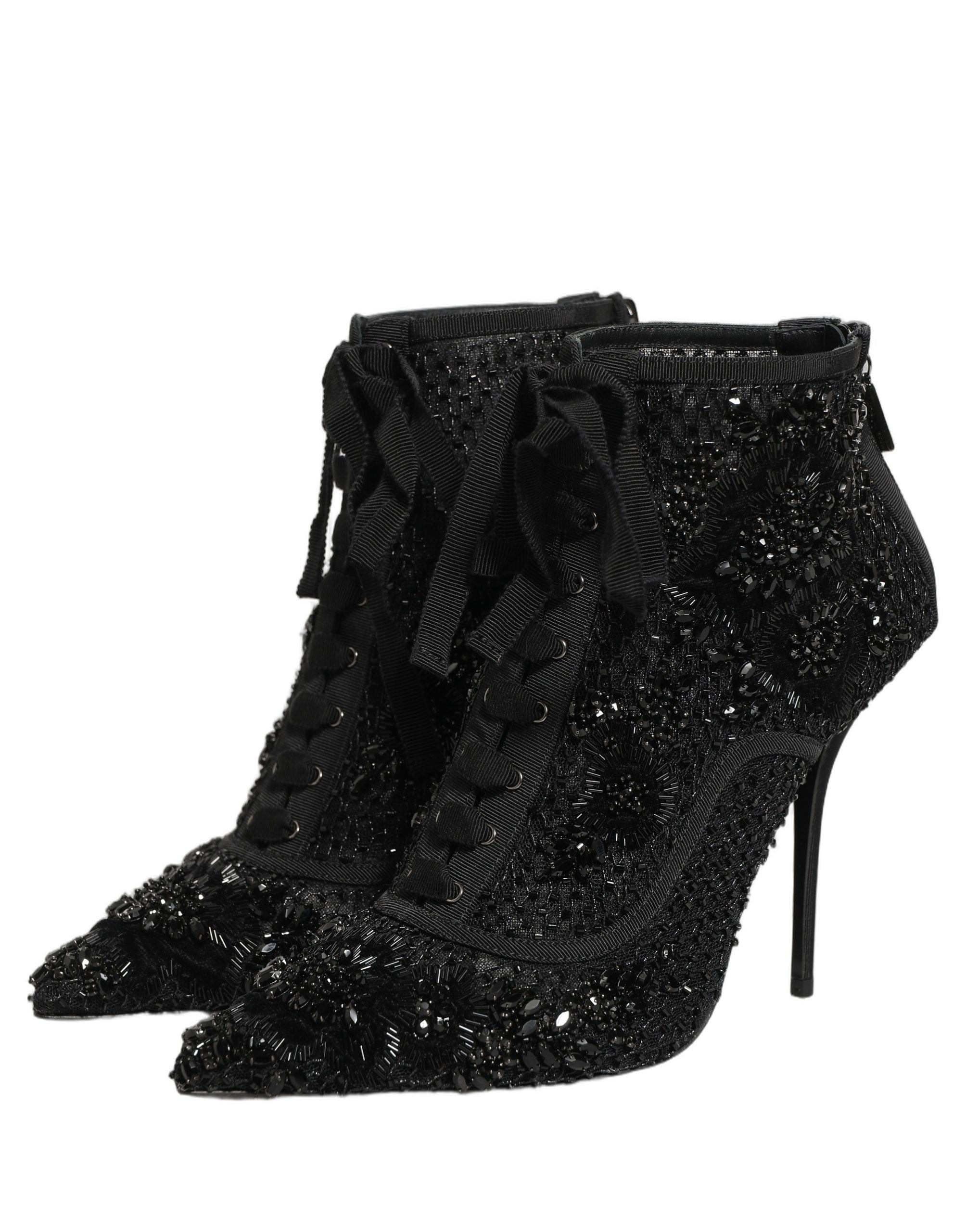 Dolce & Gabbana Black Embellished Mesh Ankle Boots Shoes