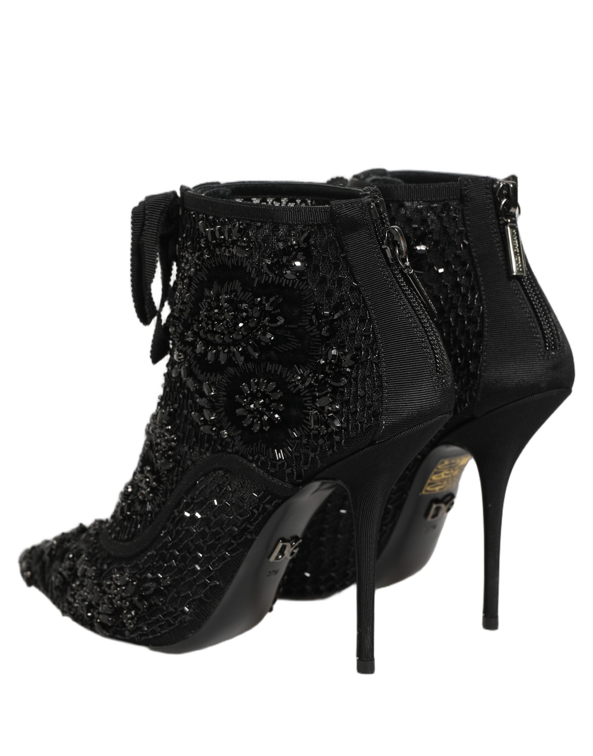 Dolce & Gabbana Black Embellished Mesh Ankle Boots Shoes