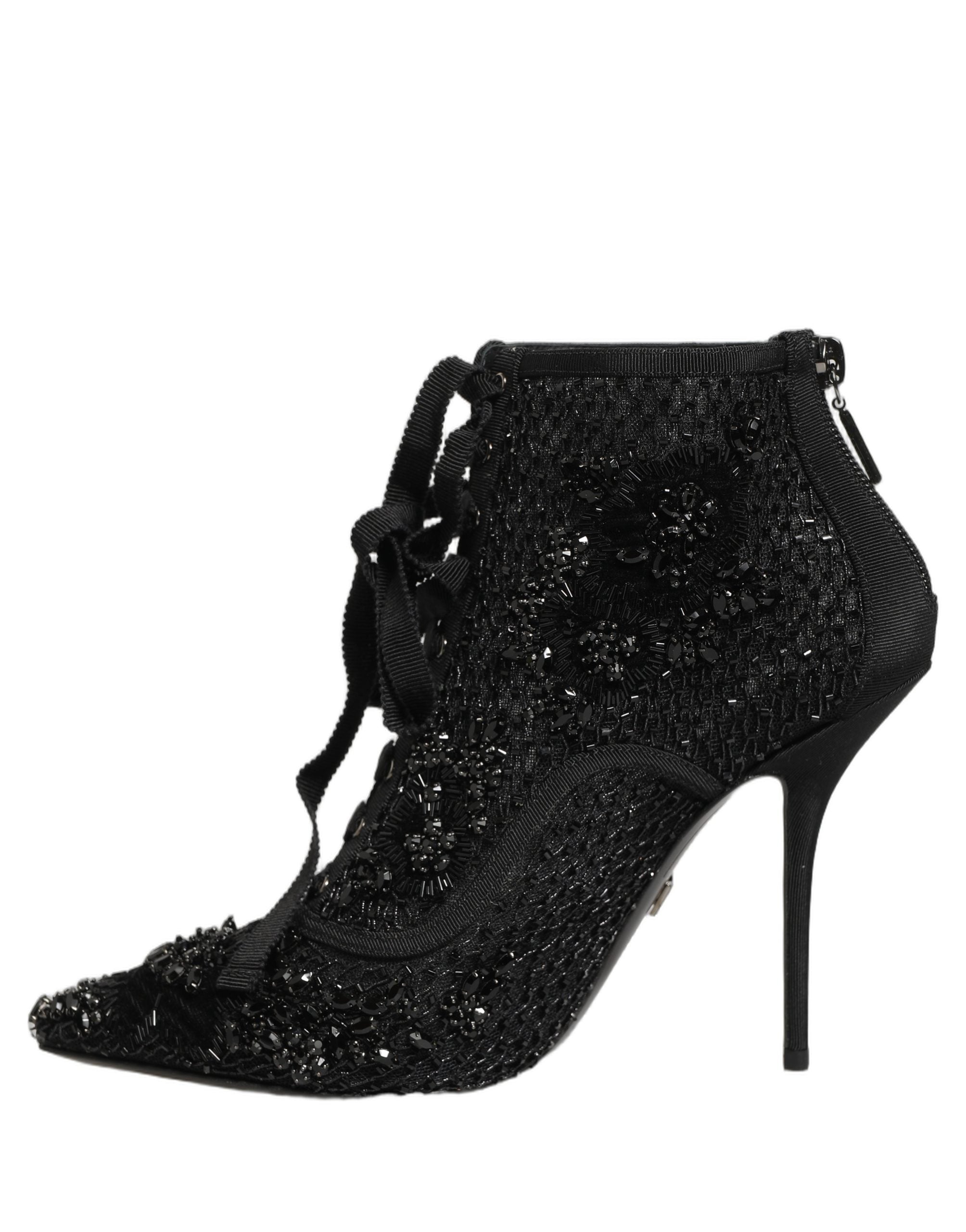 Dolce & Gabbana Black Embellished Mesh Ankle Boots Shoes