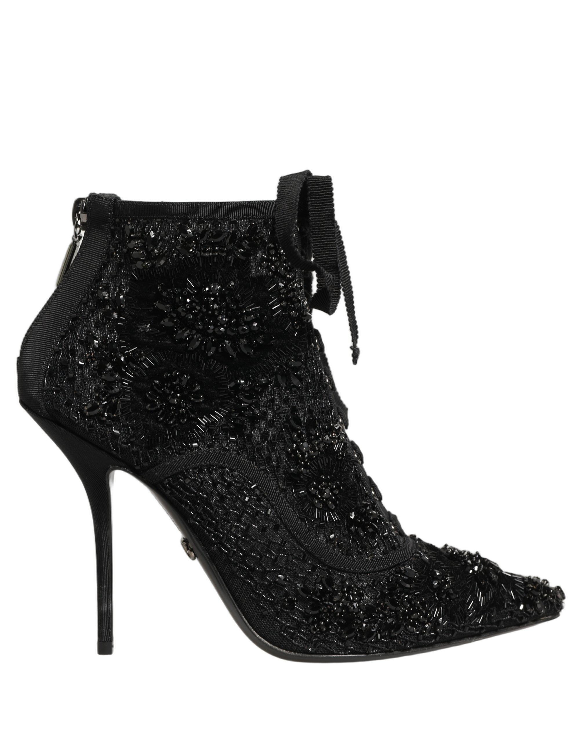 Dolce & Gabbana Black Embellished Mesh Ankle Boots Shoes