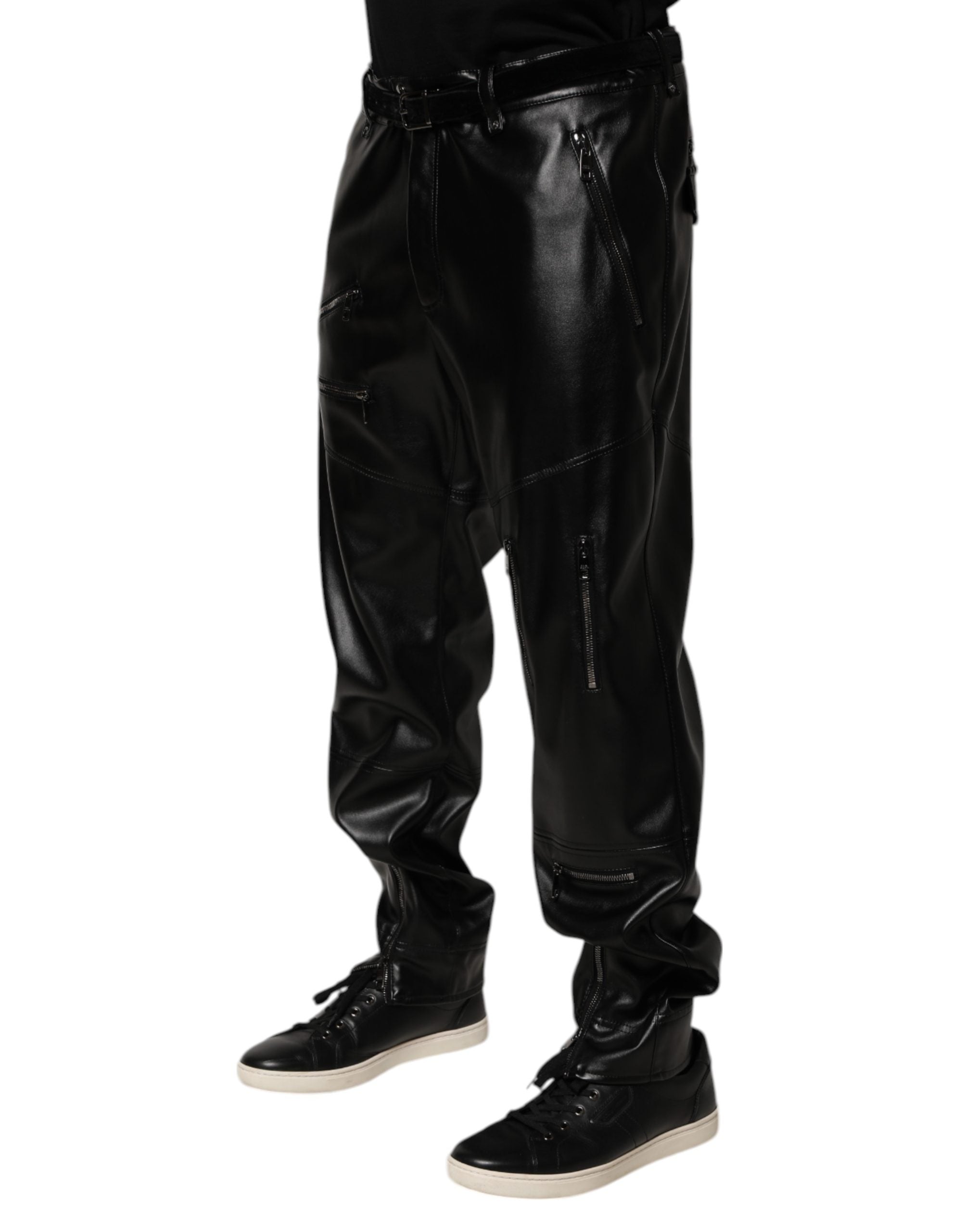 Dolce & Gabbana Black PU Leather Zipper Men Trouser Pants