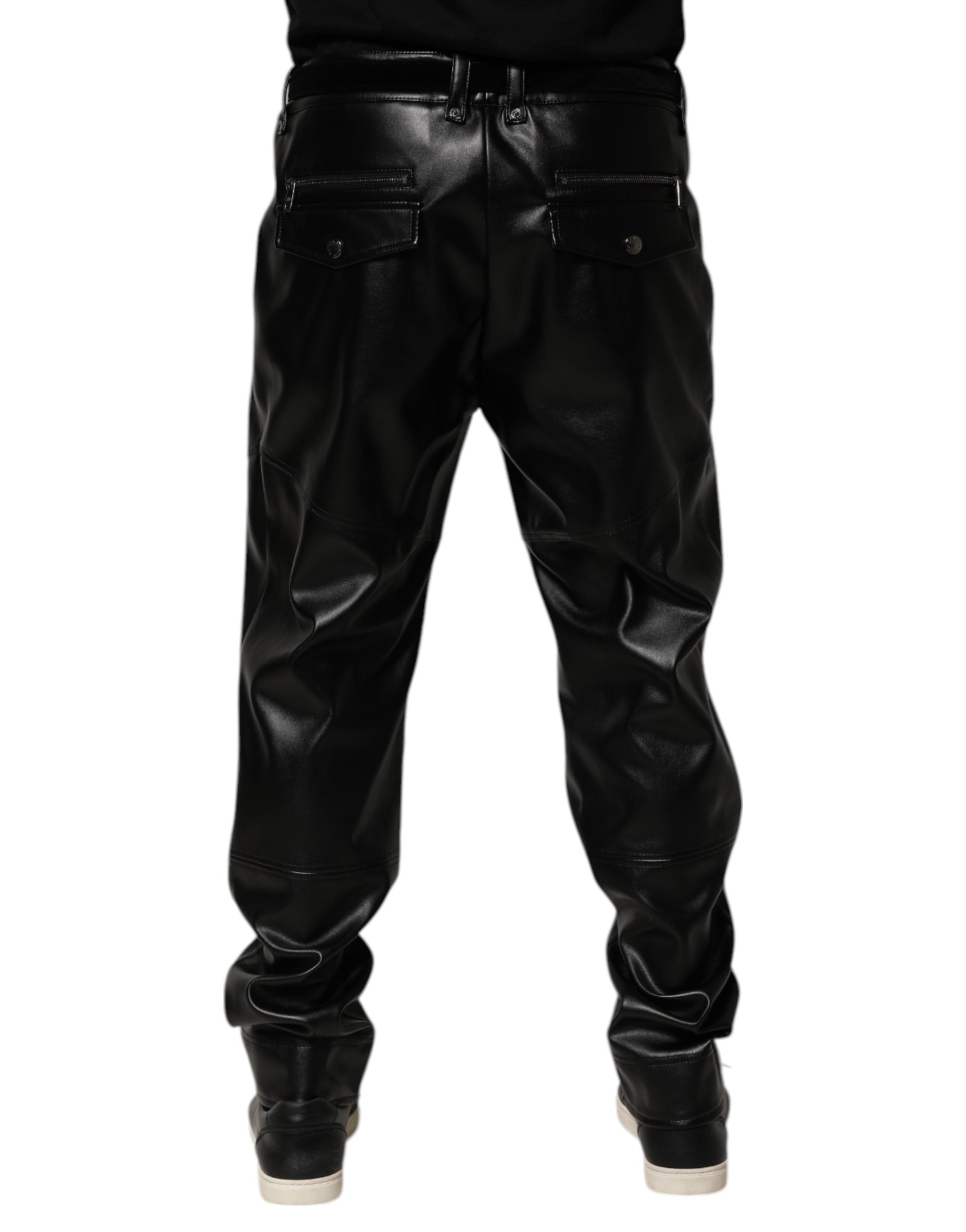 Dolce & Gabbana Black PU Leather Zipper Men Trouser Pants