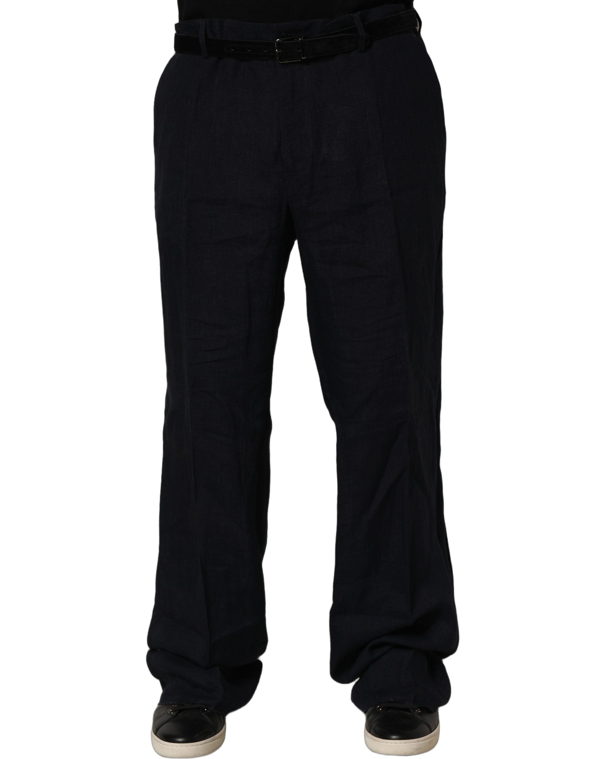 Dolce & Gabbana Black Linen Straight Leg Dress Trouser Pants