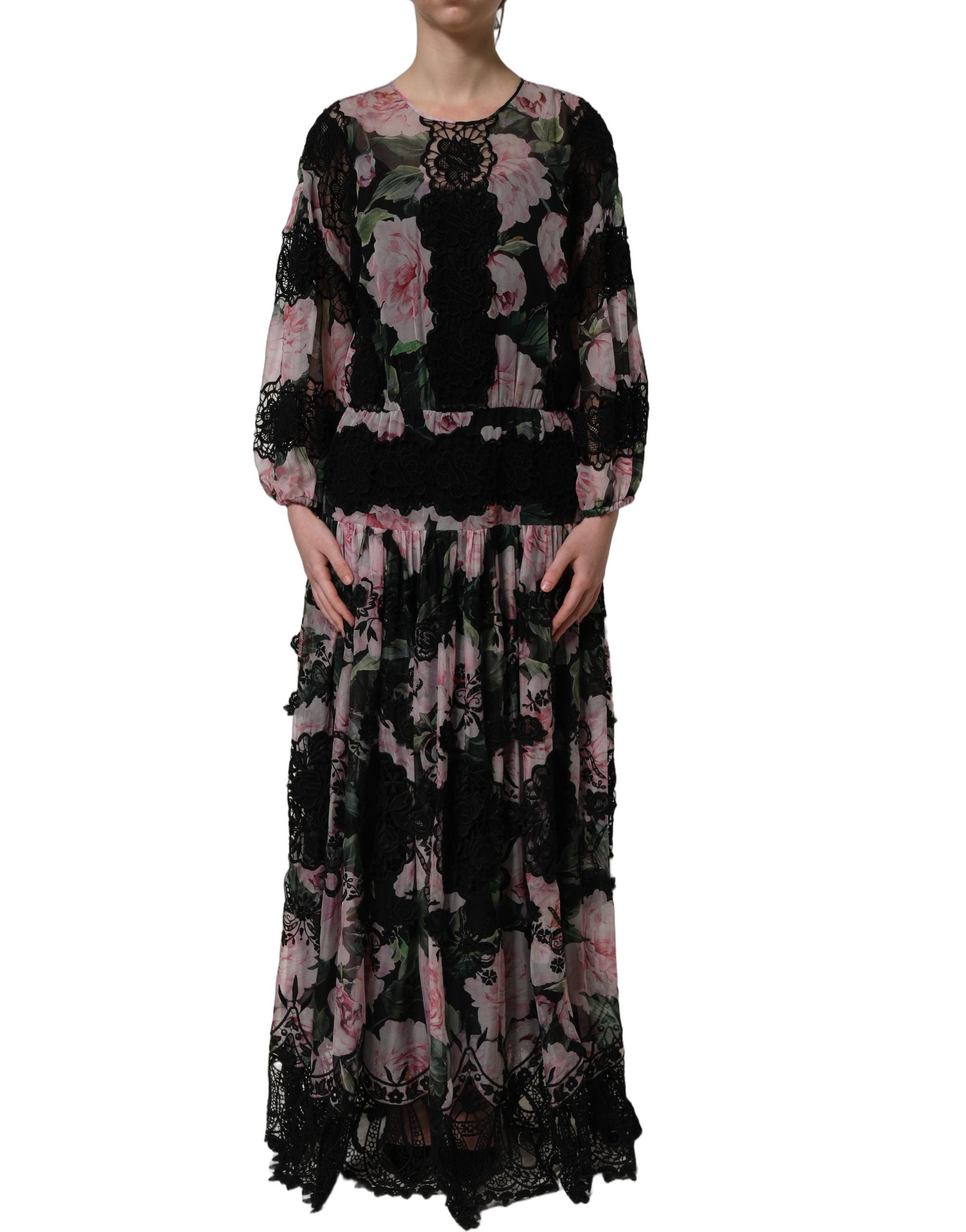 Dolce & Gabbana Black Floral Print Cotton Lace Maxi Dress
