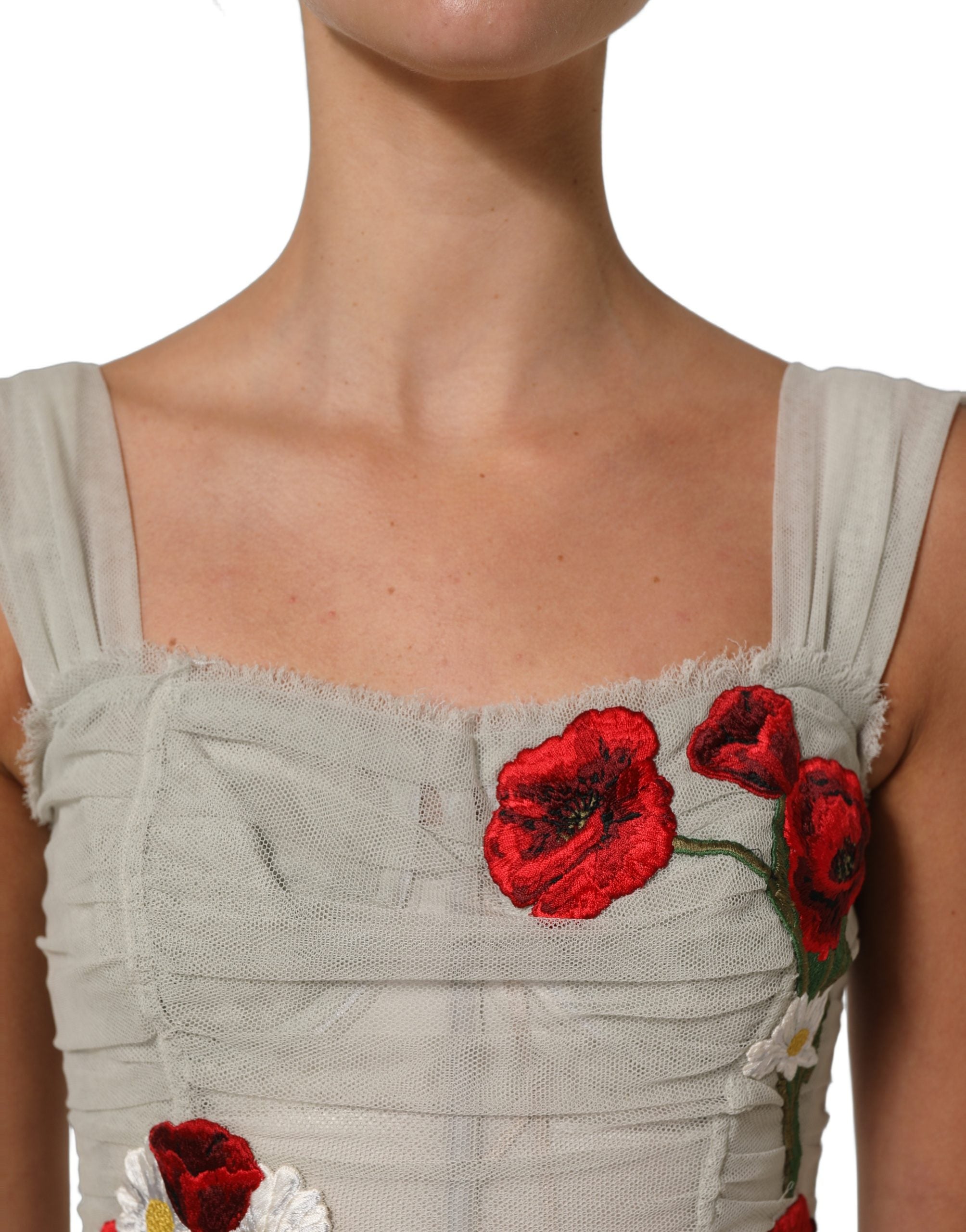 Dolce & Gabbana Light Gray Rose Embroidery Sheath Midi Dress