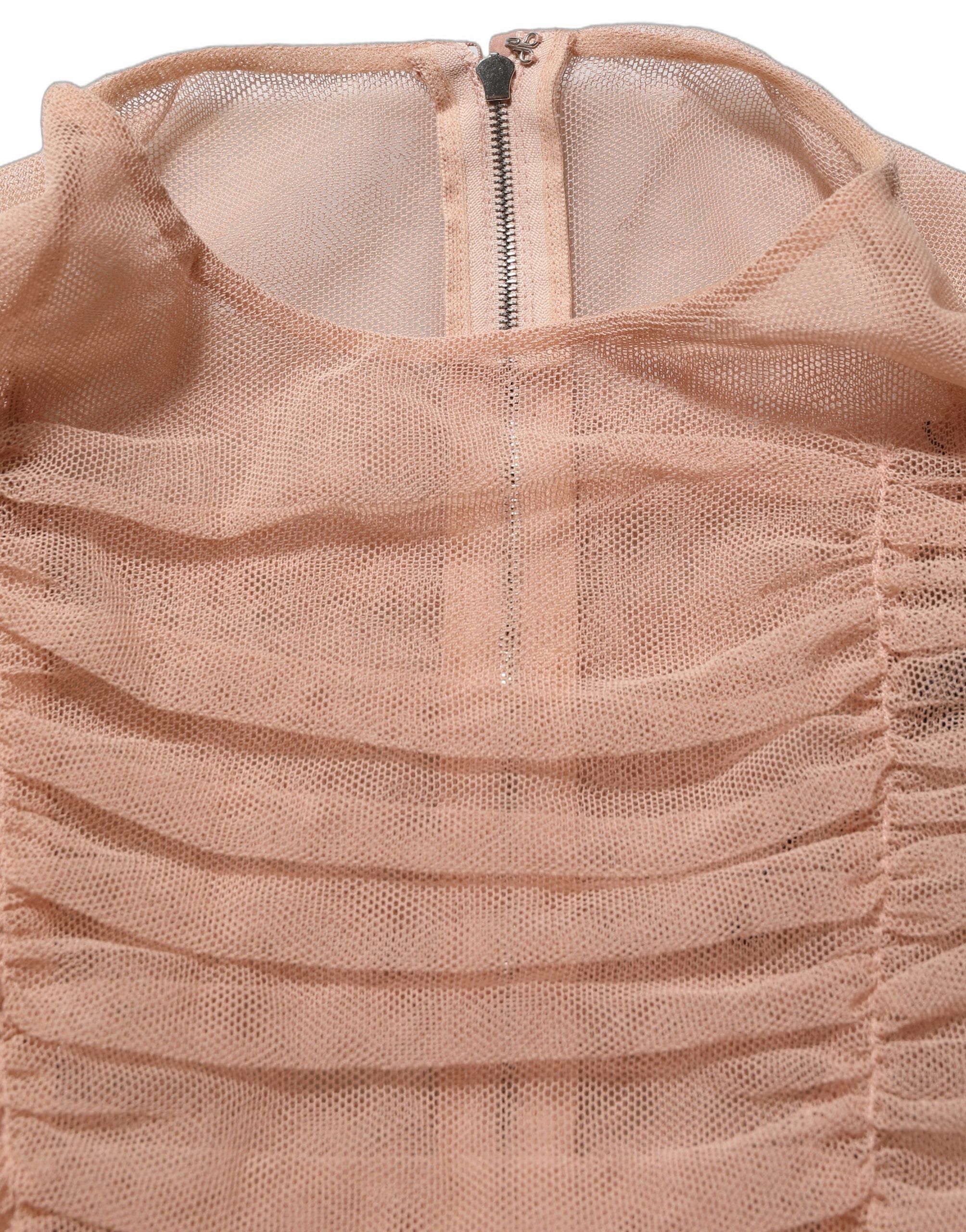 Dolce & Gabbana Beige Cotton Mesh Ruched Sheath Midi Dress