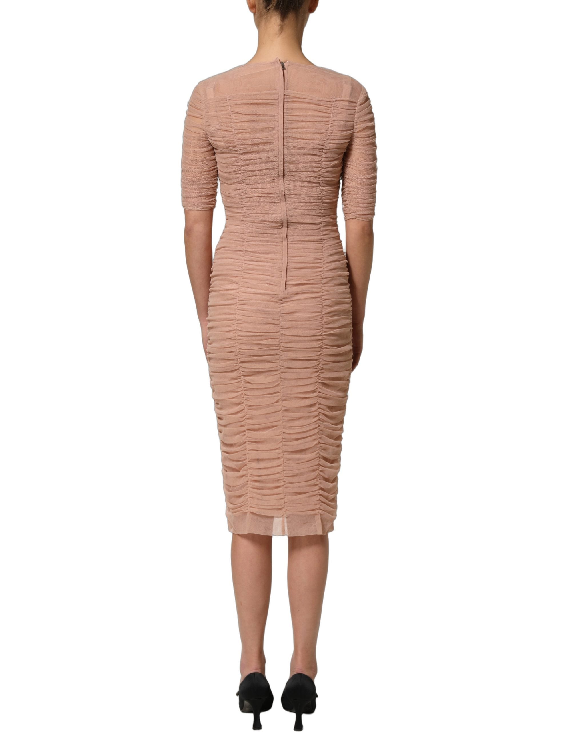 Dolce & Gabbana Beige Cotton Mesh Ruched Sheath Midi Dress