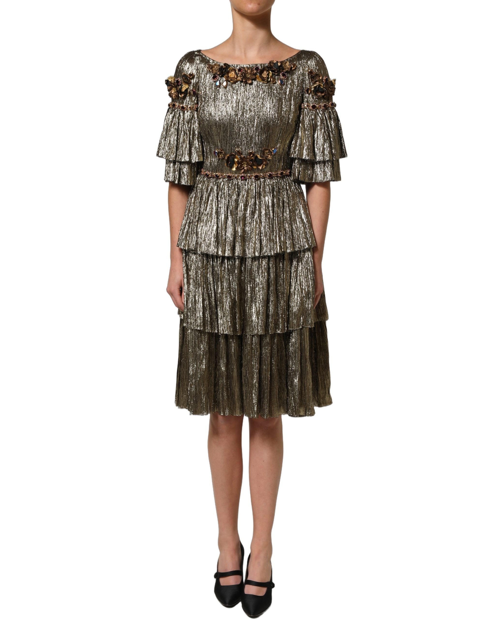 Dolce & Gabbana Metallic Gold Embellished Tiered Midi Dress