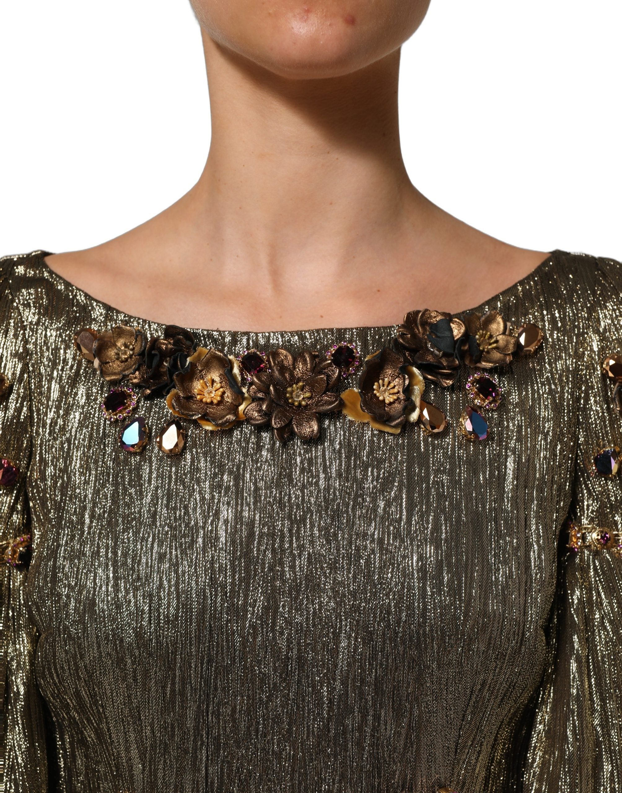 Dolce & Gabbana Metallic Gold Embellished Tiered Midi Dress