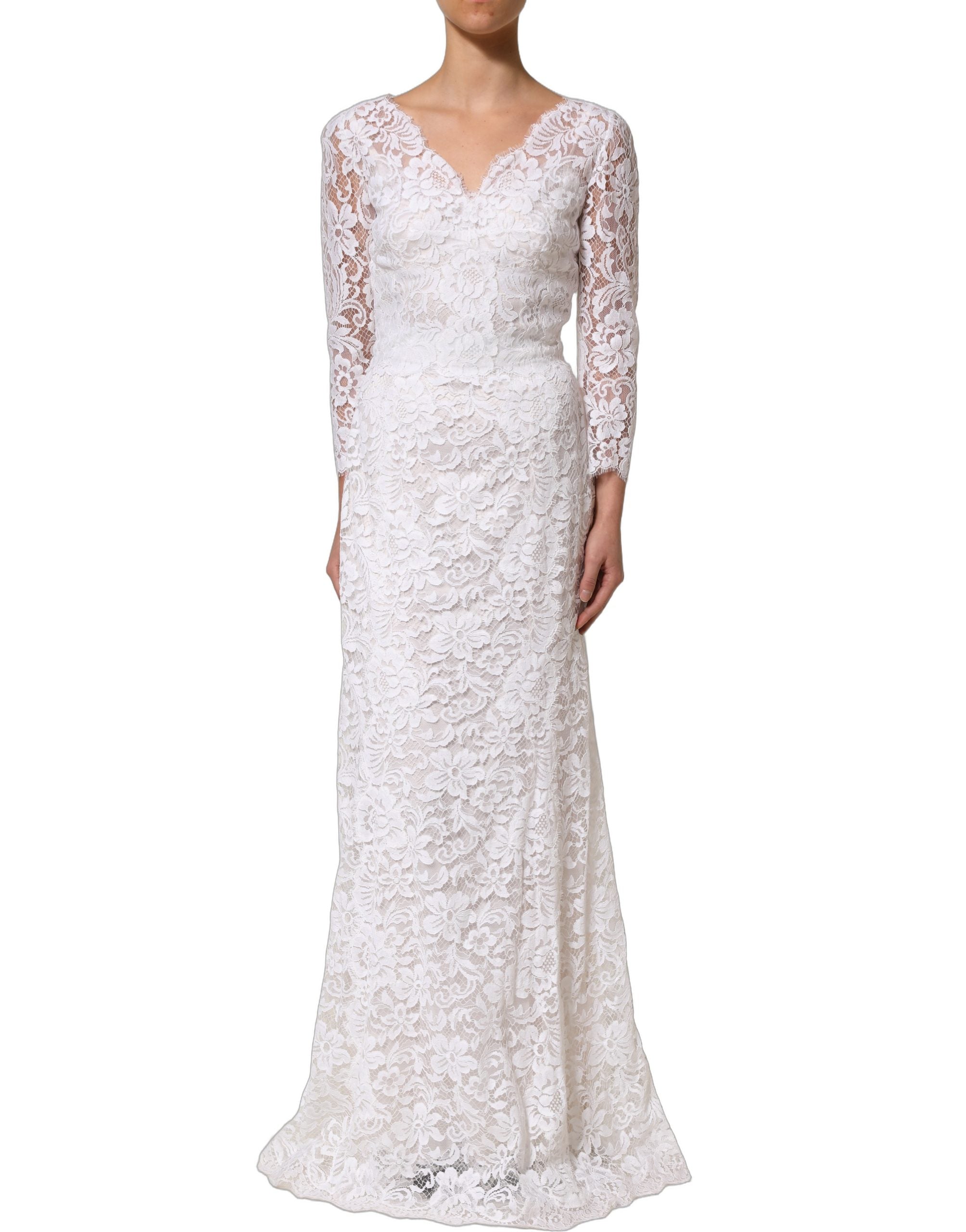 Dolce & Gabbana White Cotton Floral Lace Long Gown Dress
