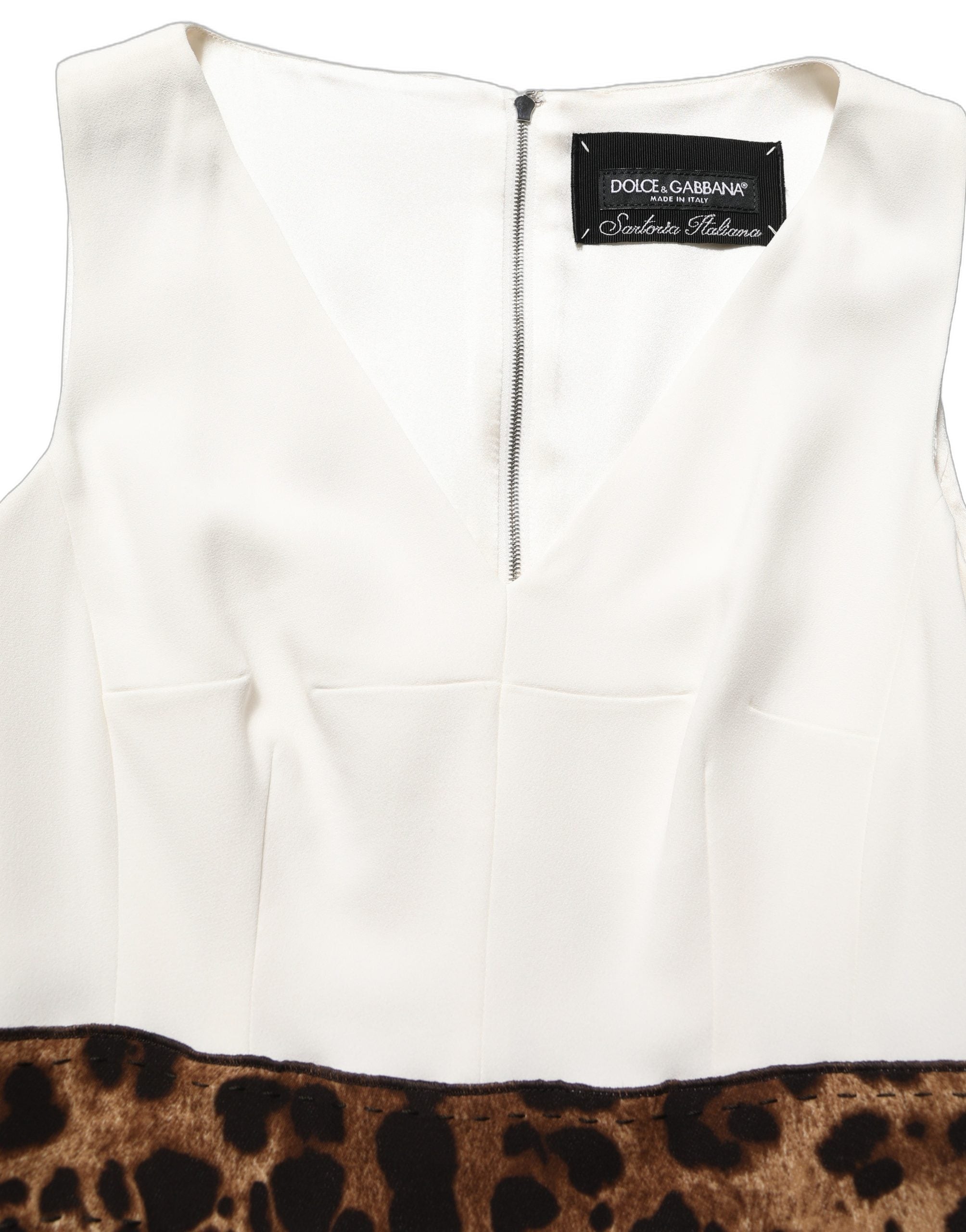Dolce & Gabbana White Leopard Sleeveless Sheath Midi Dress