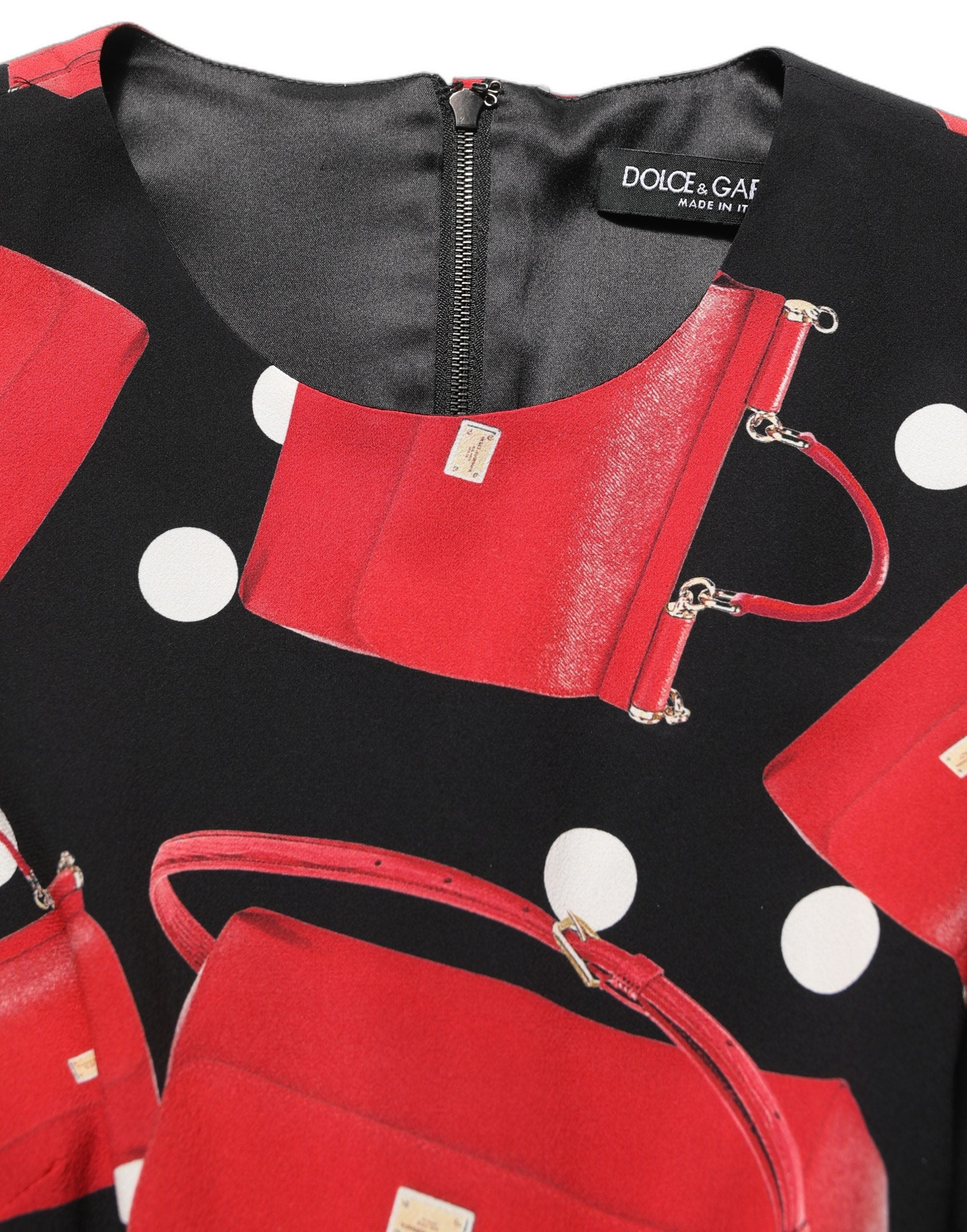 Dolce & Gabbana Black Handbag Print Long Sleeve Midi Dress