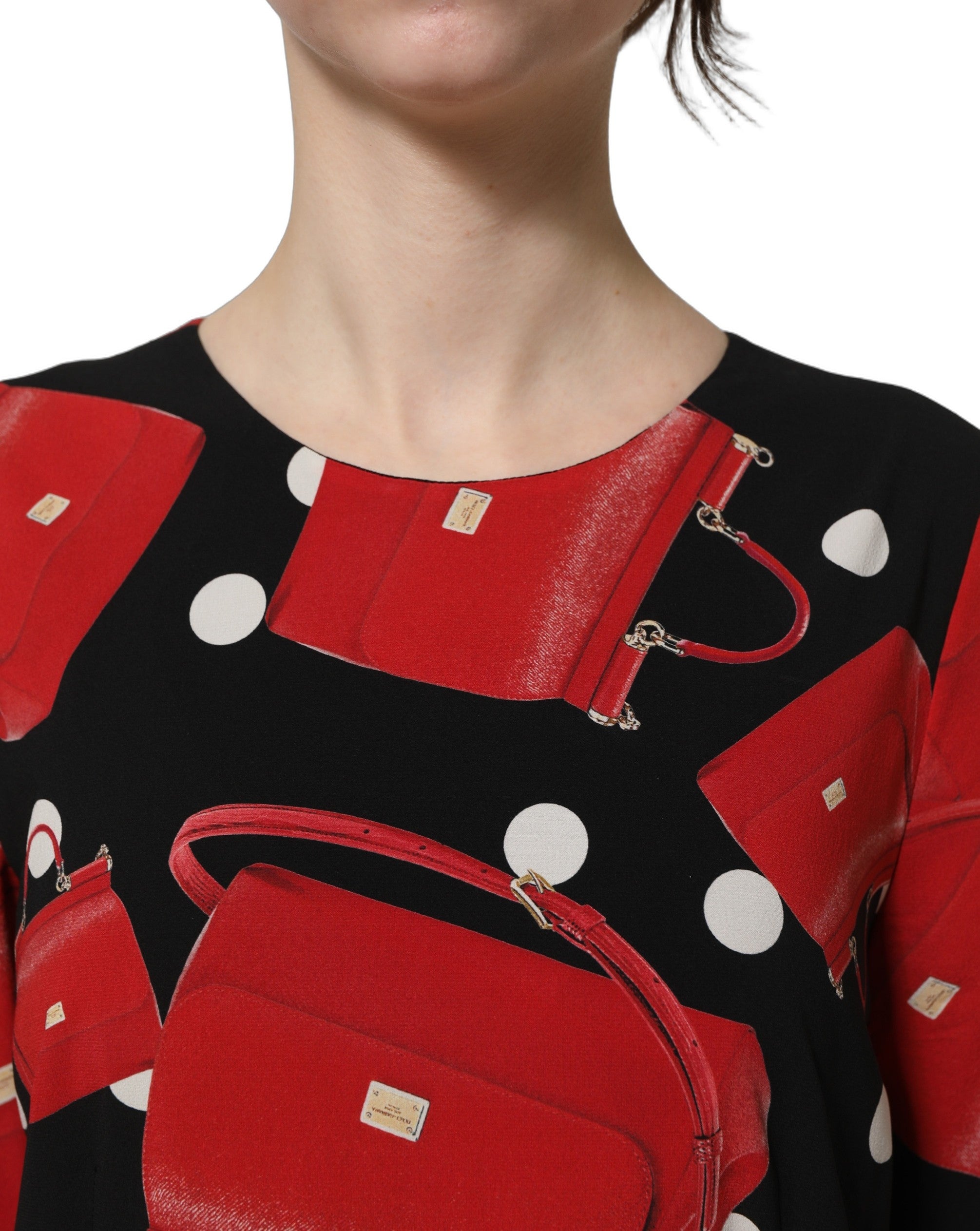 Dolce & Gabbana Black Handbag Print Long Sleeve Midi Dress