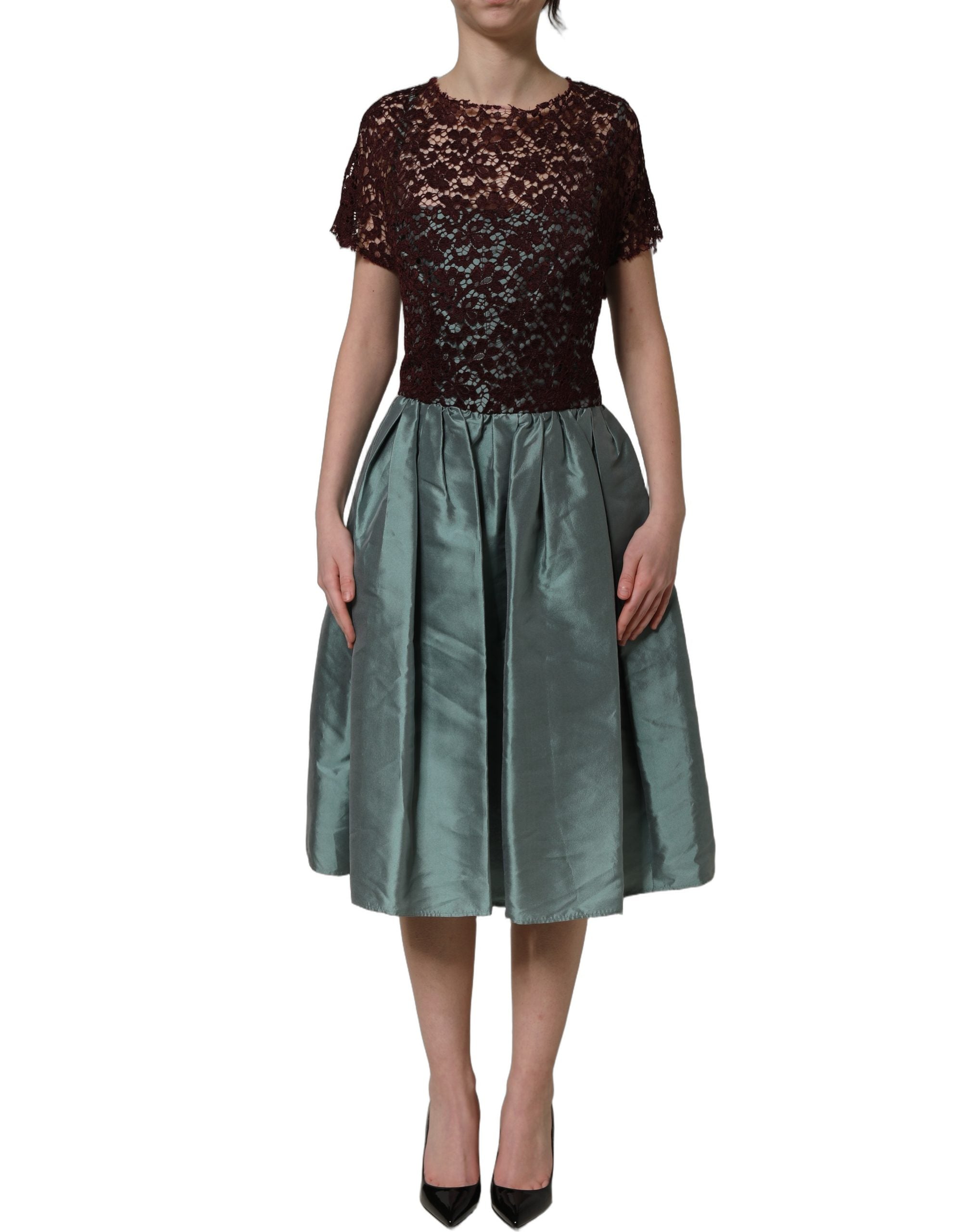 Dolce & Gabbana Multicolor Floral Lace Taffeta Pleated Midi Dress